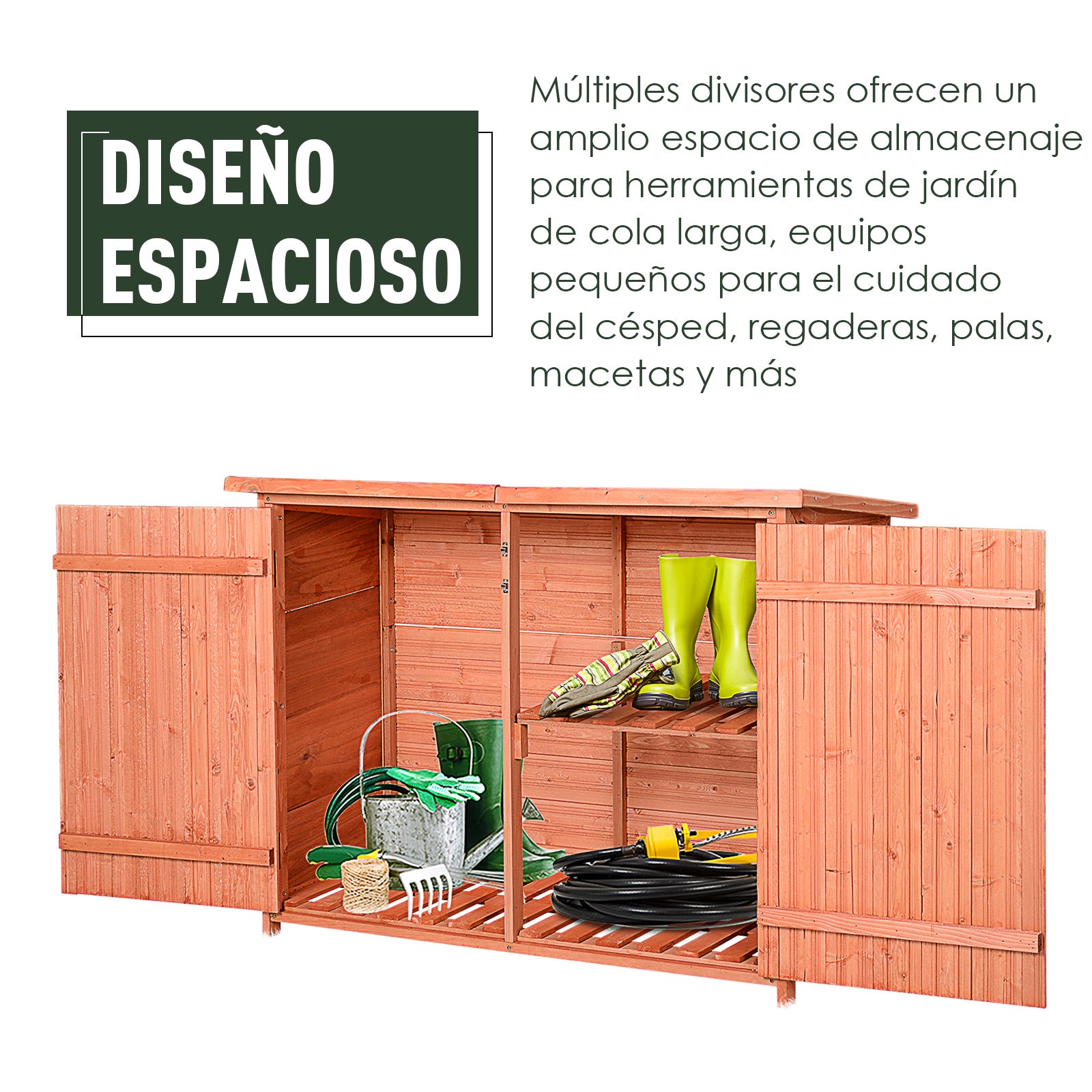 Outsunny Armario de Jardín de Madera 128x49x91 cm Cobertizo para Almacenaje de Herramientas con Techo Asfáltico 2 Niveles y 2 Puertas con Cerraduras para Exterior Terraza Natural