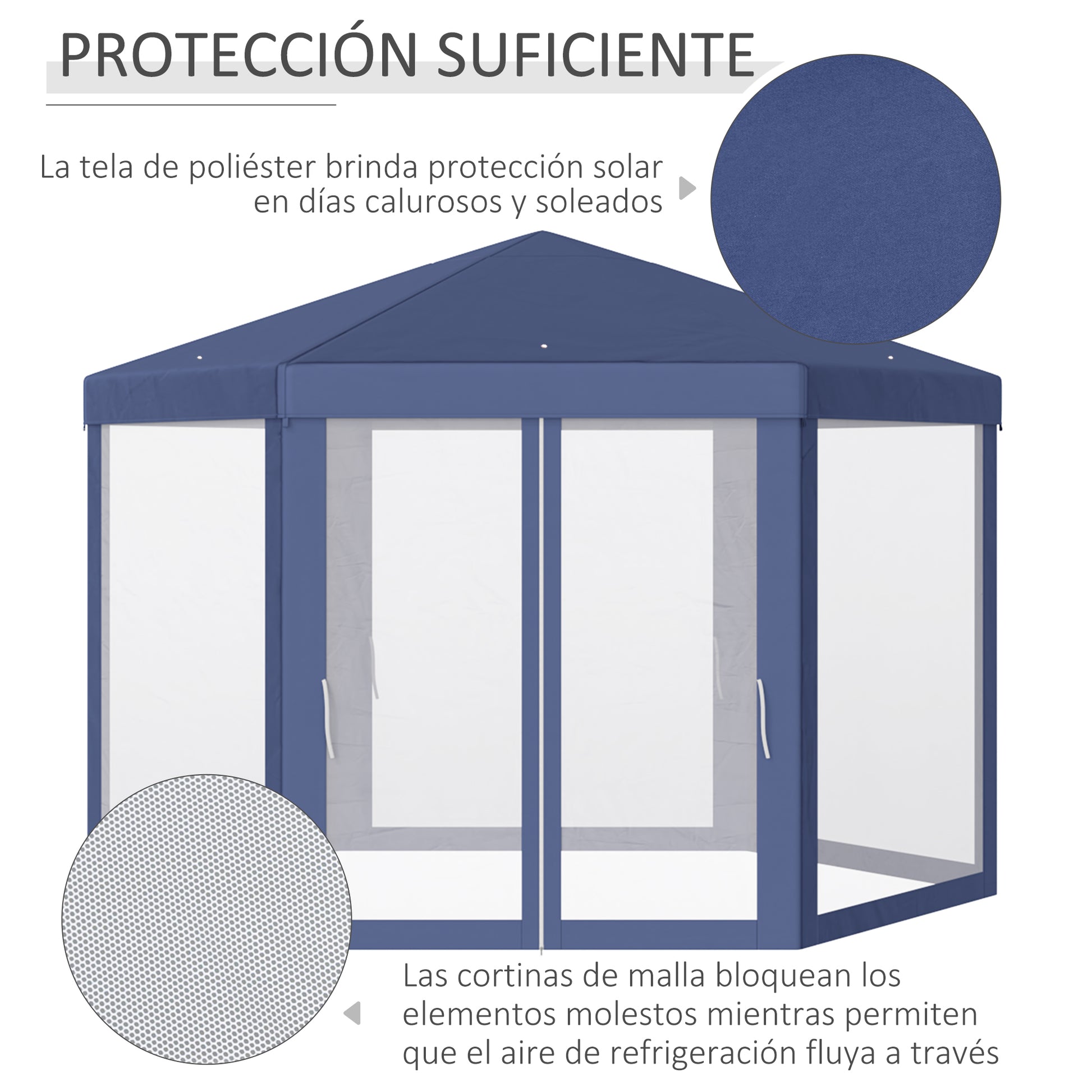Outsunny Carpa Gazebo tipo Cenador Hexagonal con Mosquitera para Jardín y Terraza Ø1,97 m Material de Poliéster Impermeable (Azul)