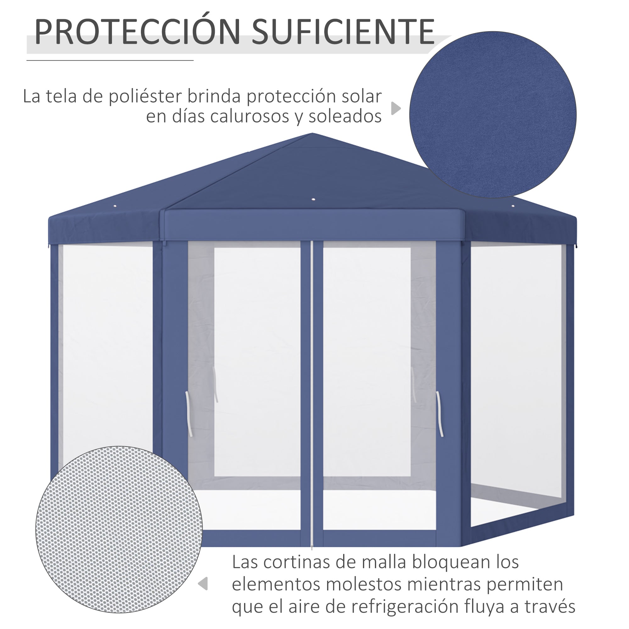 Outsunny Carpa Gazebo tipo Cenador Hexagonal con Mosquitera para Jardín y Terraza Ø1,97 m Material de Poliéster Impermeable (Azul)