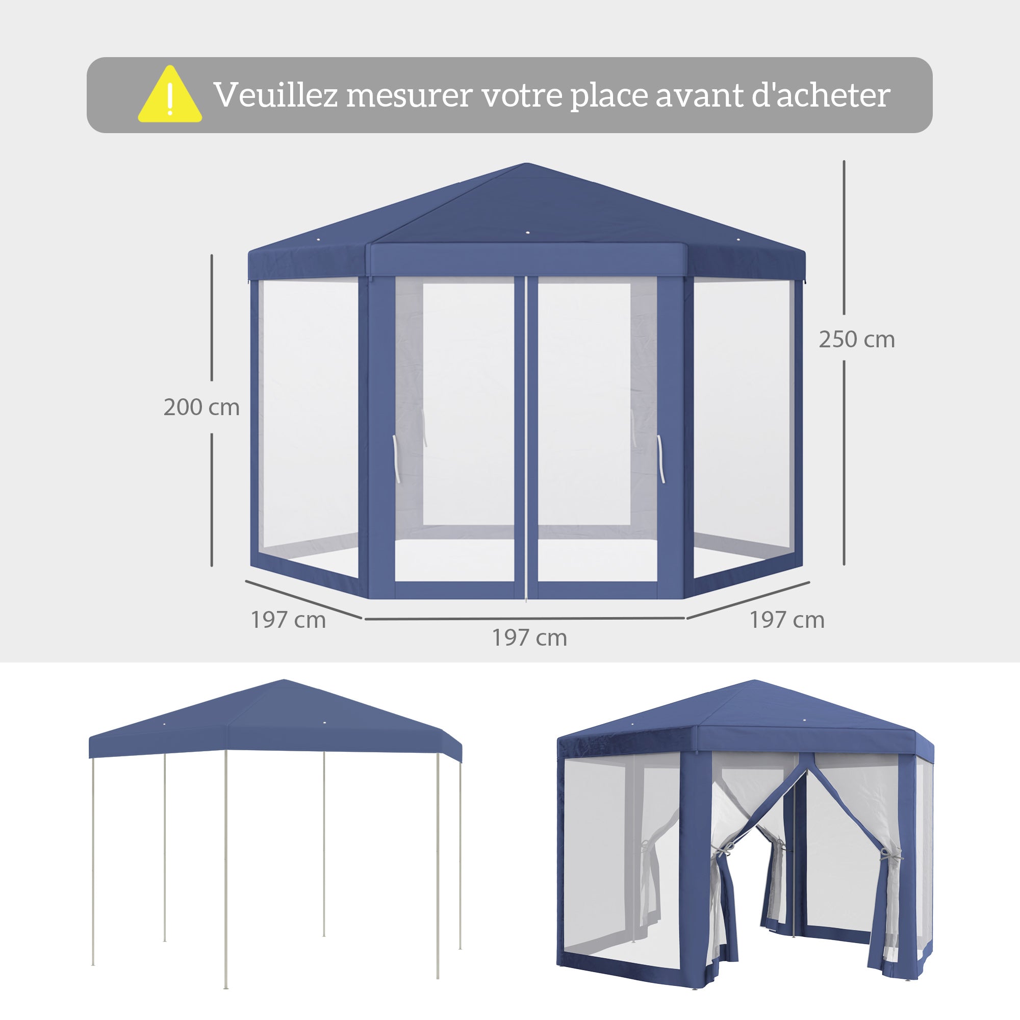 Outsunny Carpa Gazebo tipo Cenador Hexagonal con Mosquitera para Jardín y Terraza Ø1,97 m Material de Poliéster Impermeable (Azul)