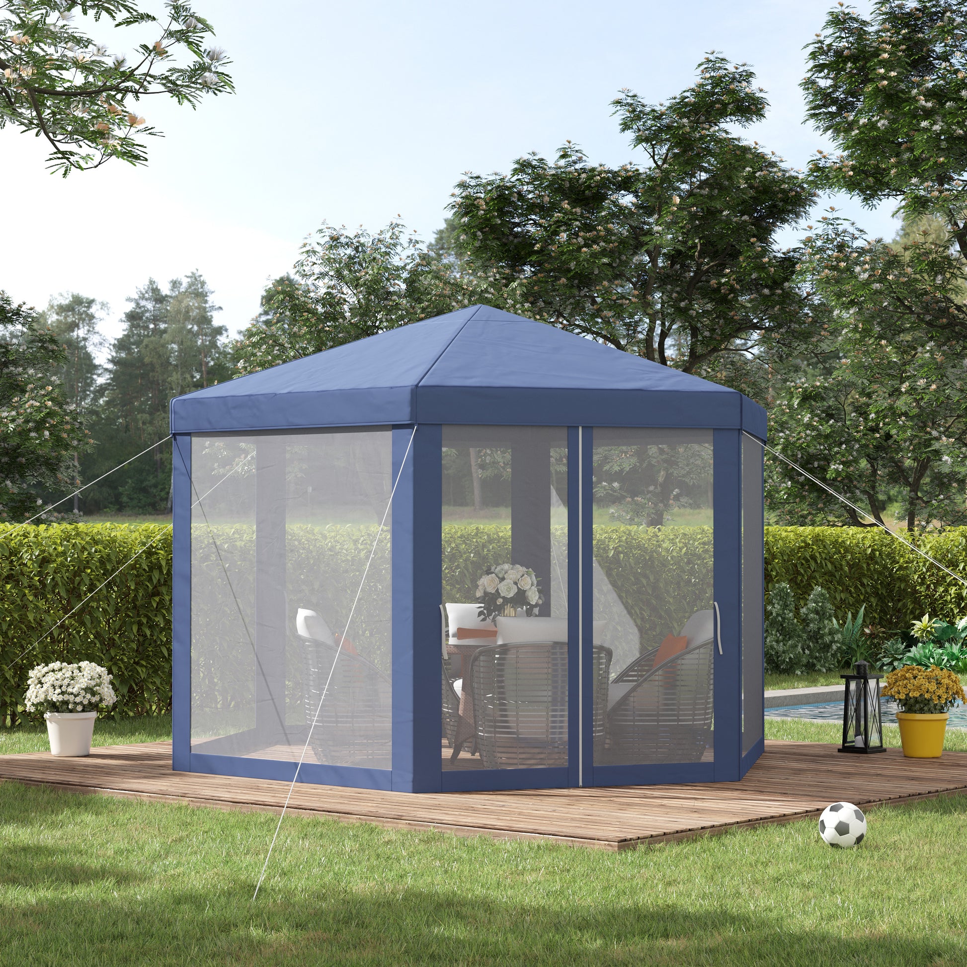 Outsunny Carpa Gazebo tipo Cenador Hexagonal con Mosquitera para Jardín y Terraza Ø1,97 m Material de Poliéster Impermeable (Azul)