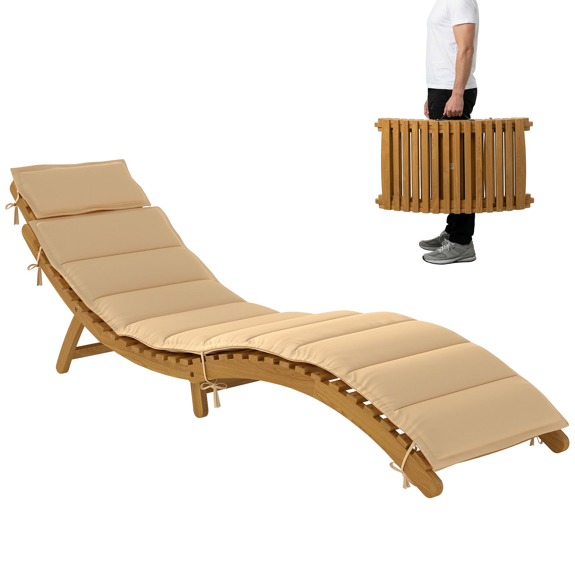 Outsunny Tumbona Plegable de Madera de Acacia con Cojín y Reposacabezas, Tumbona Jardín Exterior con Asa de Transporte, Carga 120 kg, para Patio, Terraza, Piscina, 183x54x63 cm, Beige