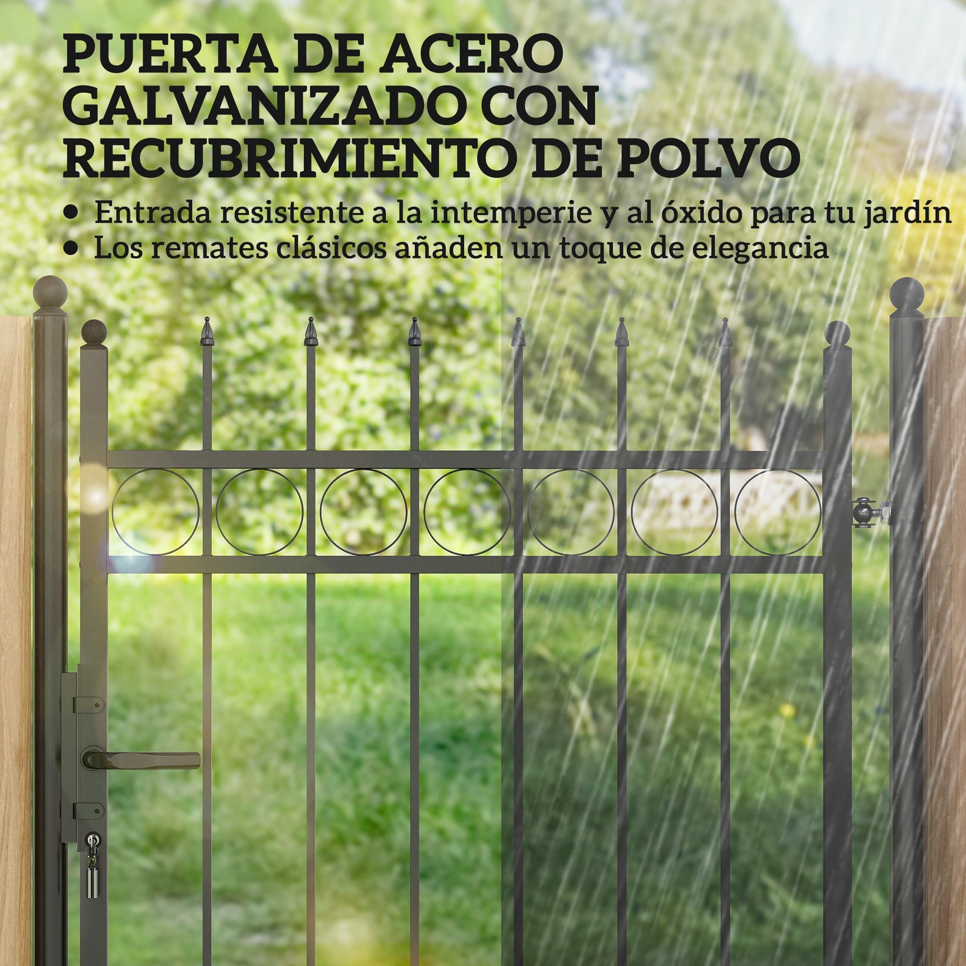 Outsunny Puerta de Jardín 147,5x89 cm Puerta para Valla de Barra de Acero Galvanizado con Asa Cerradura y 3 Llaves para Exterior Patio Negro