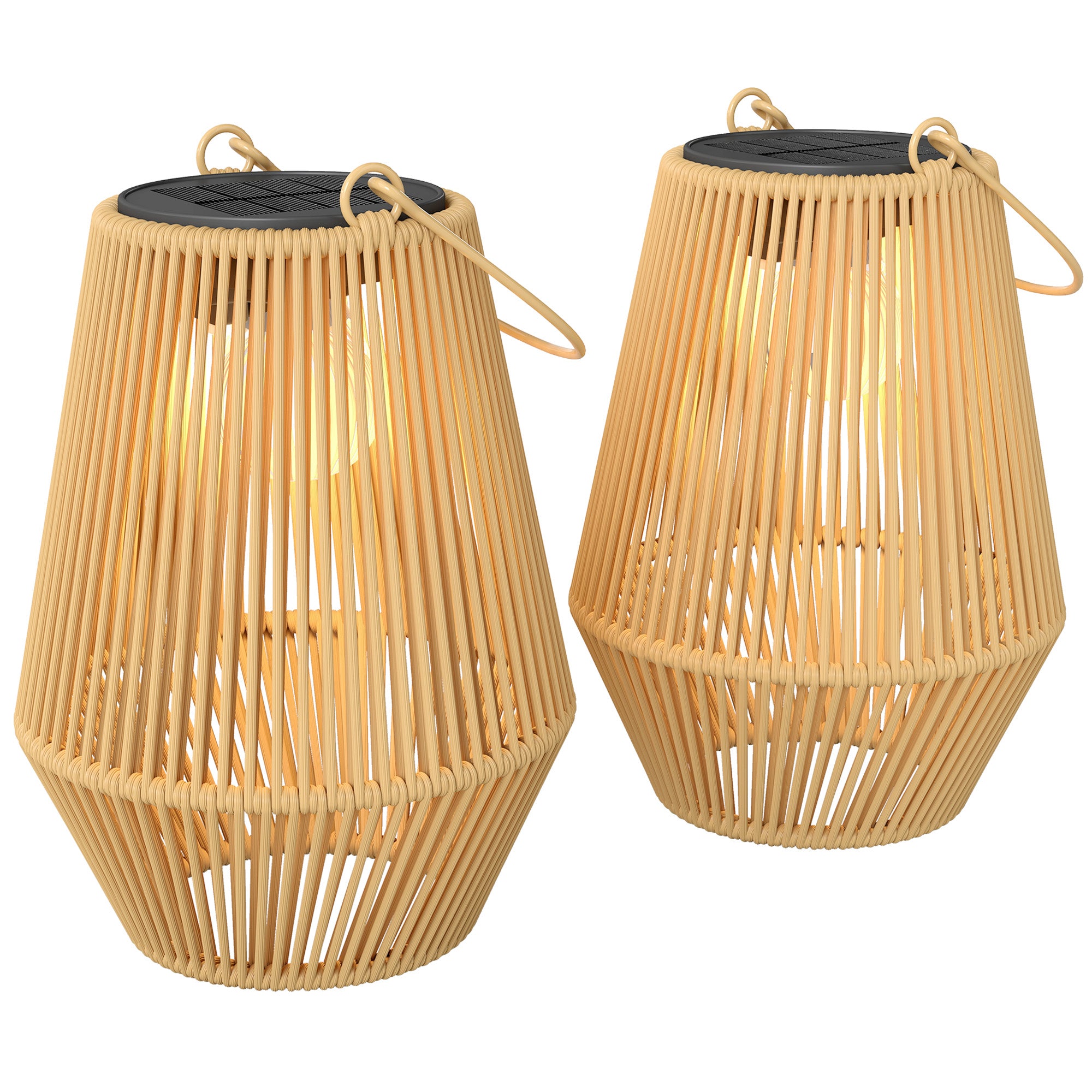Outsunny Set de 2 Farolillos Solares Exterior, Linternas de Jardín de Ratán Colgantes con Encendido y Apagado Automático, IP44, Asa, Lámparas para Terraza, Balcón, Patio, 16x16x21 cm, Marrón