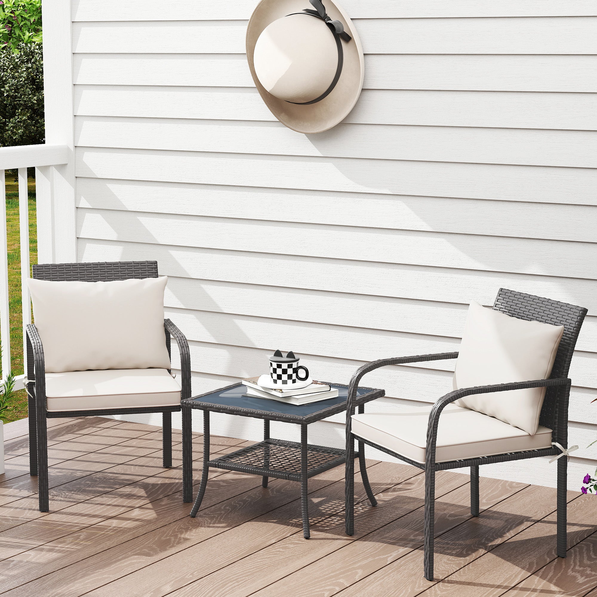 Outsunny Conjunto de Jardín Exterior de 3 Piezas Muebles de Jardín con 2 Sillas con Cojines Extraíbles Lavables y Mesa Terraza con Estante Tablero de Vidrio Templado para Balcón Patio Marrón y Crema