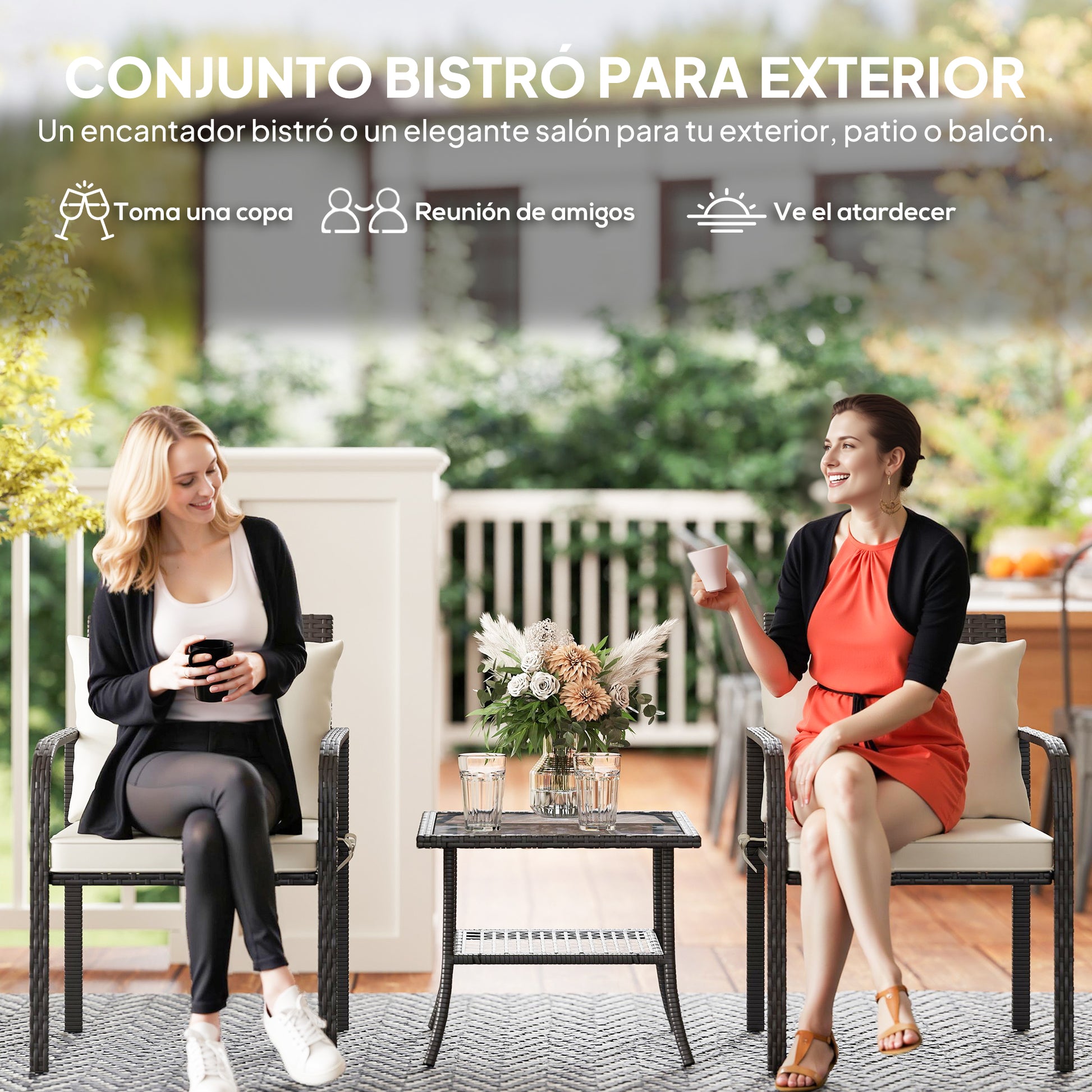 Outsunny Conjunto de Jardín Exterior de 3 Piezas Muebles de Jardín con 2 Sillas con Cojines Extraíbles Lavables y Mesa Terraza con Estante Tablero de Vidrio Templado para Balcón Patio Marrón y Crema