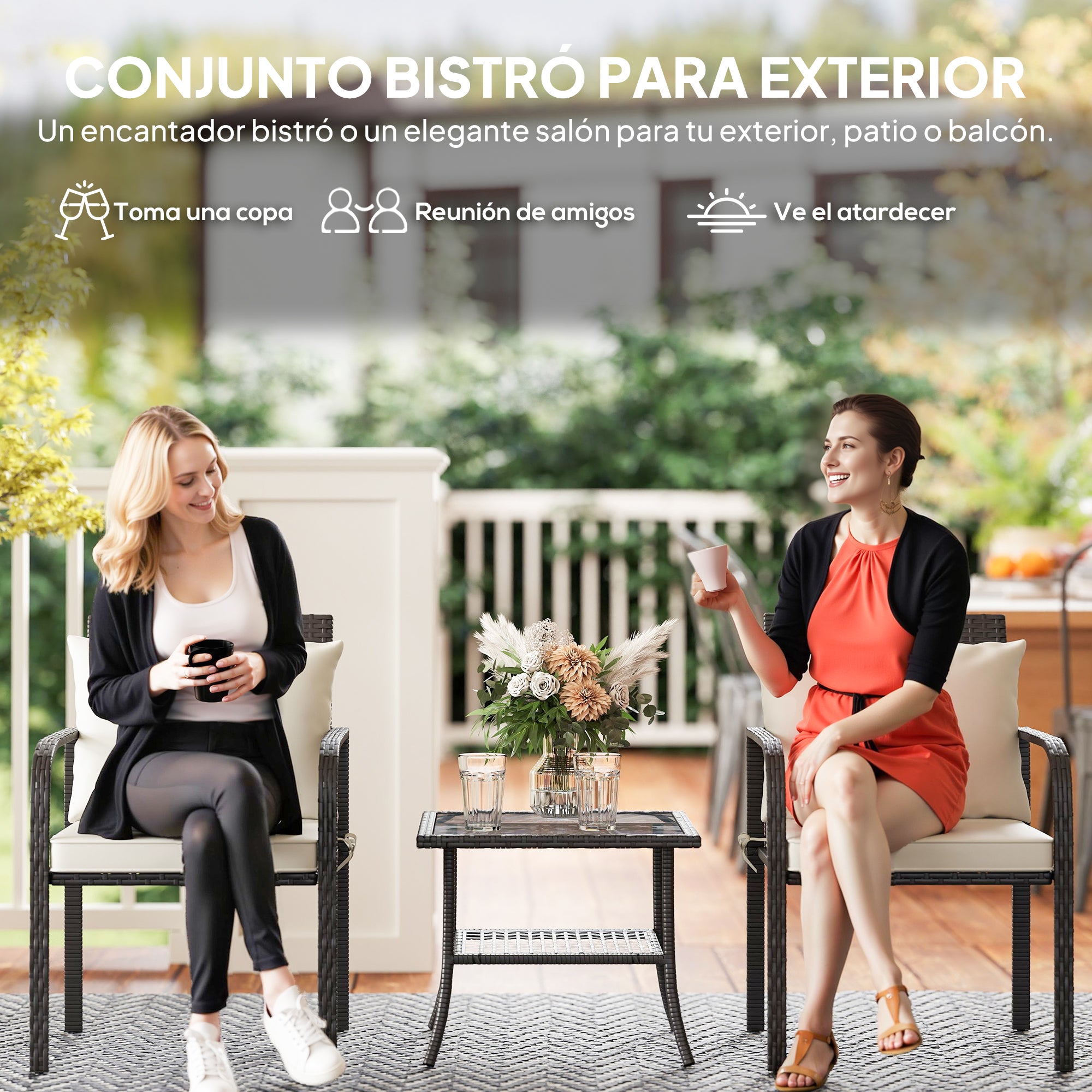 Outsunny Conjunto de Jardín Exterior de 3 Piezas Muebles de Jardín con 2 Sillas con Cojines Extraíbles Lavables y Mesa Terraza con Estante Tablero de Vidrio Templado para Balcón Patio Marrón y Crema