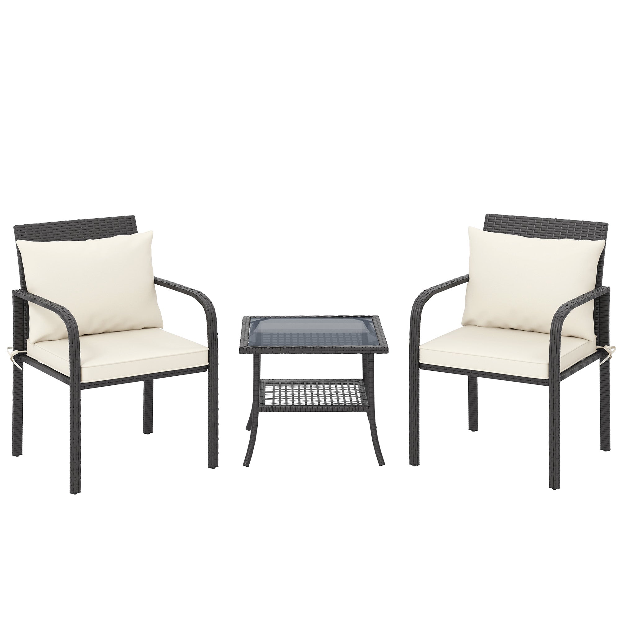 Outsunny Conjunto de Jardín Exterior de 3 Piezas Muebles de Jardín con 2 Sillas con Cojines Extraíbles Lavables y Mesa Terraza con Estante Tablero de Vidrio Templado para Balcón Patio Marrón y Crema
