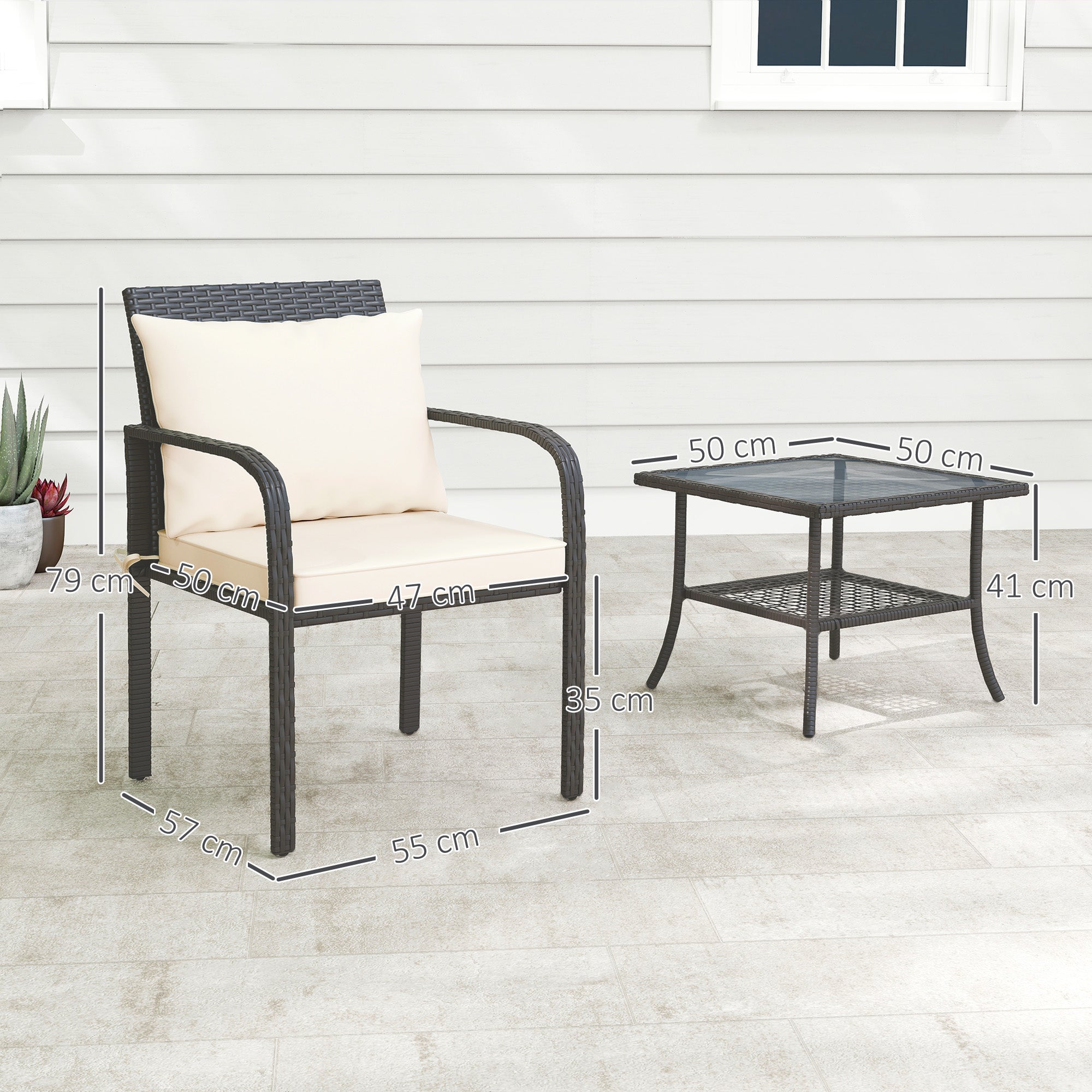 Outsunny Conjunto de Jardín Exterior de 3 Piezas Muebles de Jardín con 2 Sillas con Cojines Extraíbles Lavables y Mesa Terraza con Estante Tablero de Vidrio Templado para Balcón Patio Marrón y Crema
