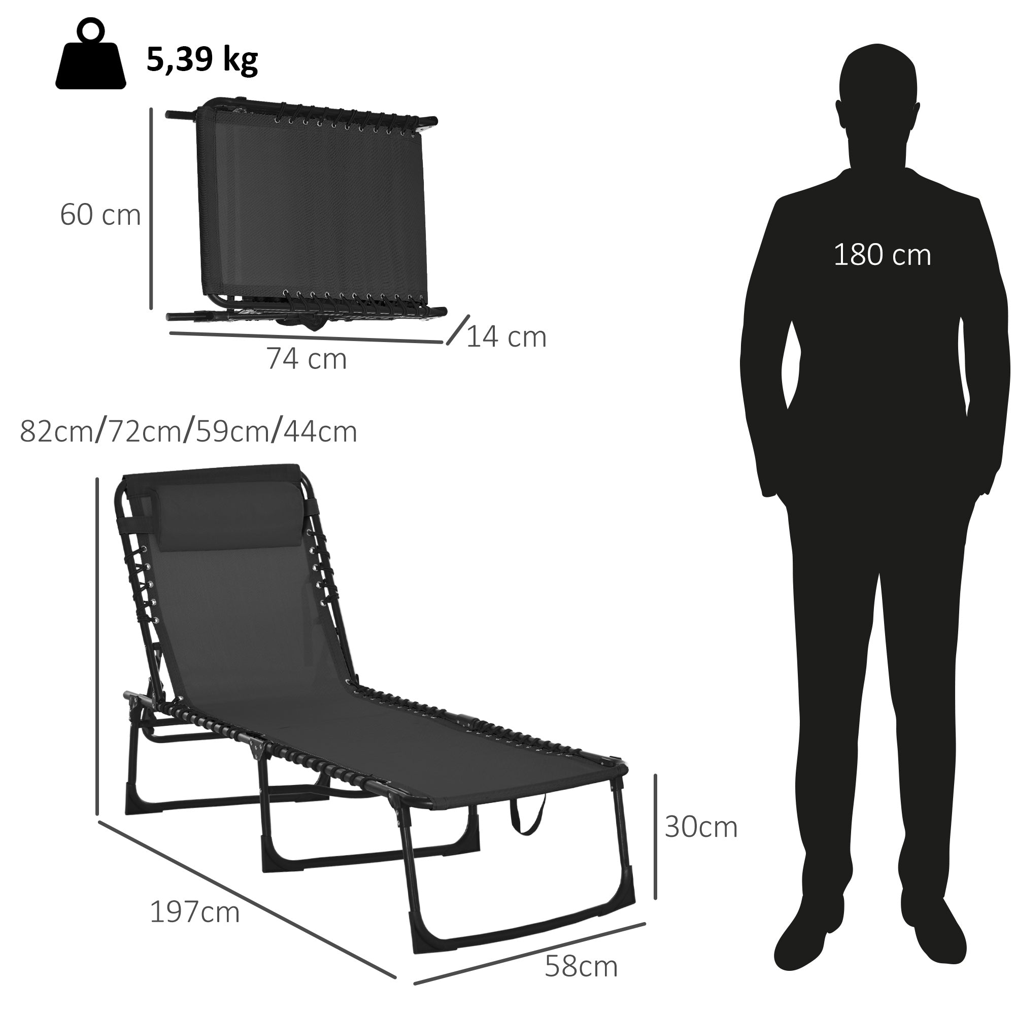 Outsunny Tumbona Plegable y Ajustable de 4 Posiciones Silla Reclinable de Jardín con Sistema de Cordones para Exterior Marco Acero 189x58x30 cm Negro