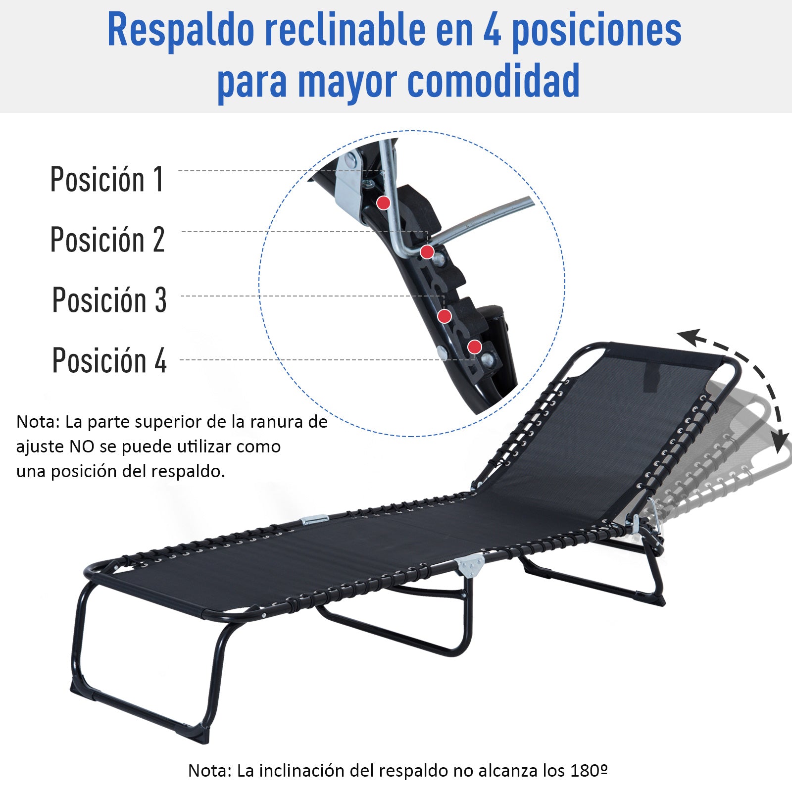 Outsunny Tumbona Plegable y Ajustable de 4 Posiciones Silla Reclinable de Jardín con Sistema de Cordones para Exterior Marco Acero 189x58x30 cm Negro