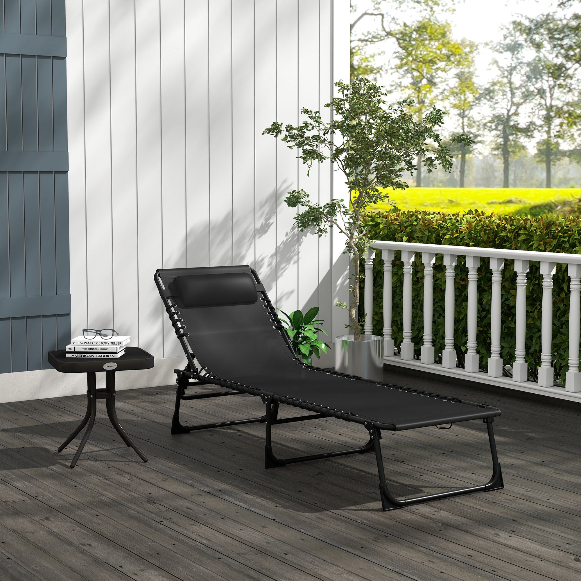Outsunny Tumbona Plegable y Ajustable de 4 Posiciones Silla Reclinable de Jardín con Sistema de Cordones para Exterior Marco Acero 189x58x30 cm Negro