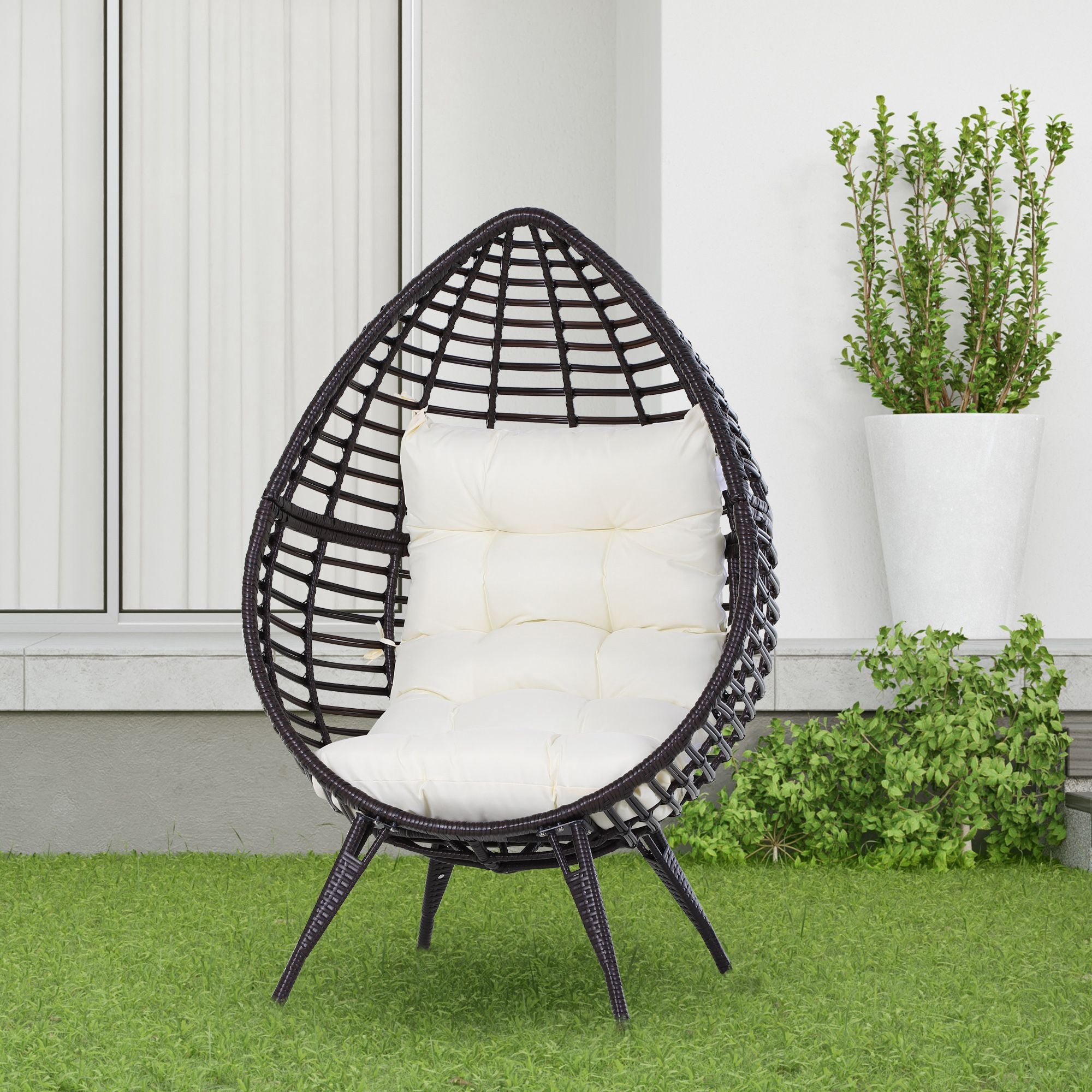 Outsunny Sillón de Ratán Balcón en Forma de Lágrima Sillón de Jardín con Cojín Acolchado de Algodón PP Estilo Moderno para Exterior e Interior Carga 160 kg 101x89x156 cm Marrón y Crema