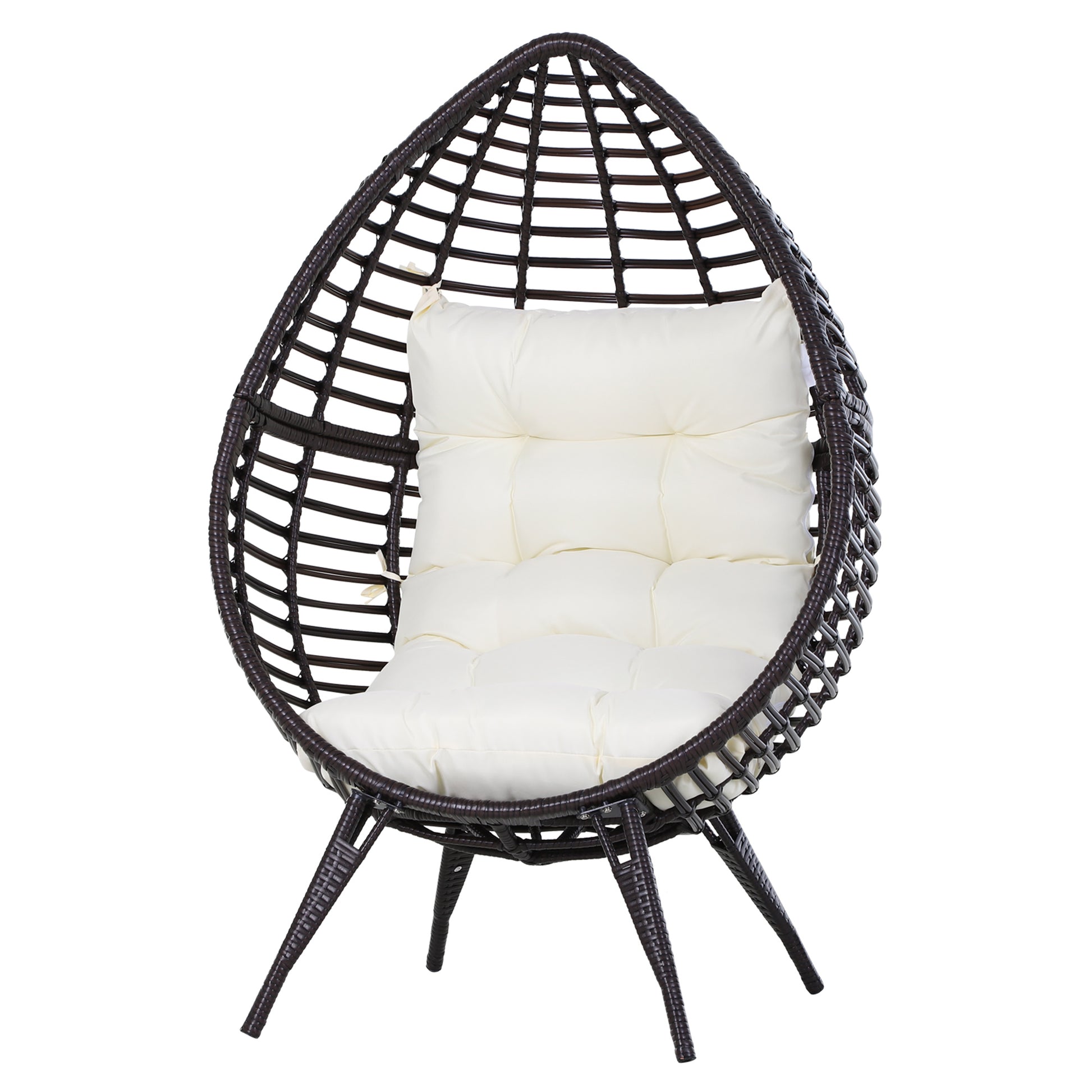 Outsunny Sillón de Ratán Balcón en Forma de Lágrima Sillón de Jardín con Cojín Acolchado de Algodón PP Estilo Moderno para Exterior e Interior Carga 160 kg 101x89x156 cm Marrón y Crema