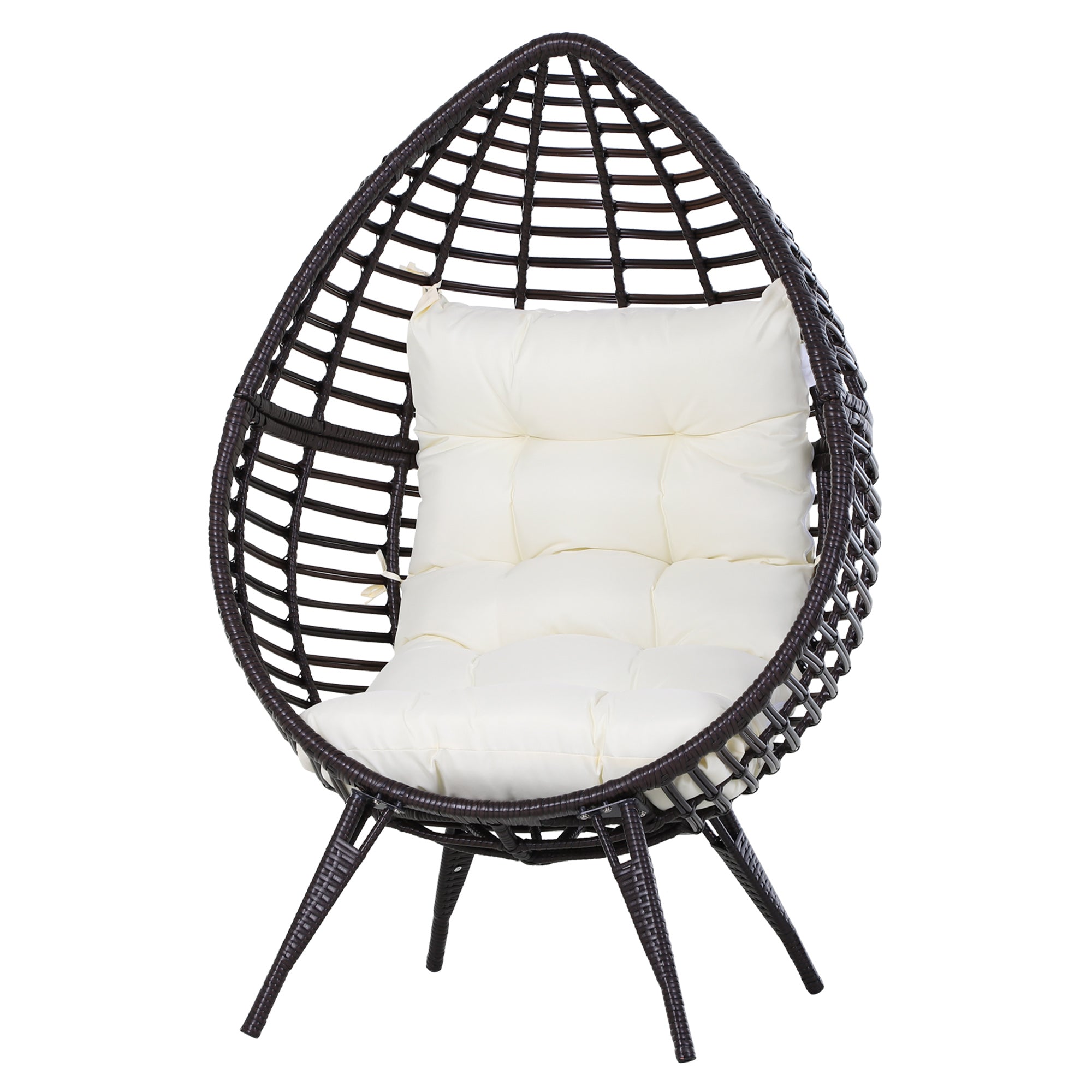 Outsunny Sillón de Ratán Balcón en Forma de Lágrima Sillón de Jardín con Cojín Acolchado de Algodón PP Estilo Moderno para Exterior e Interior Carga 160 kg 101x89x156 cm Marrón y Crema