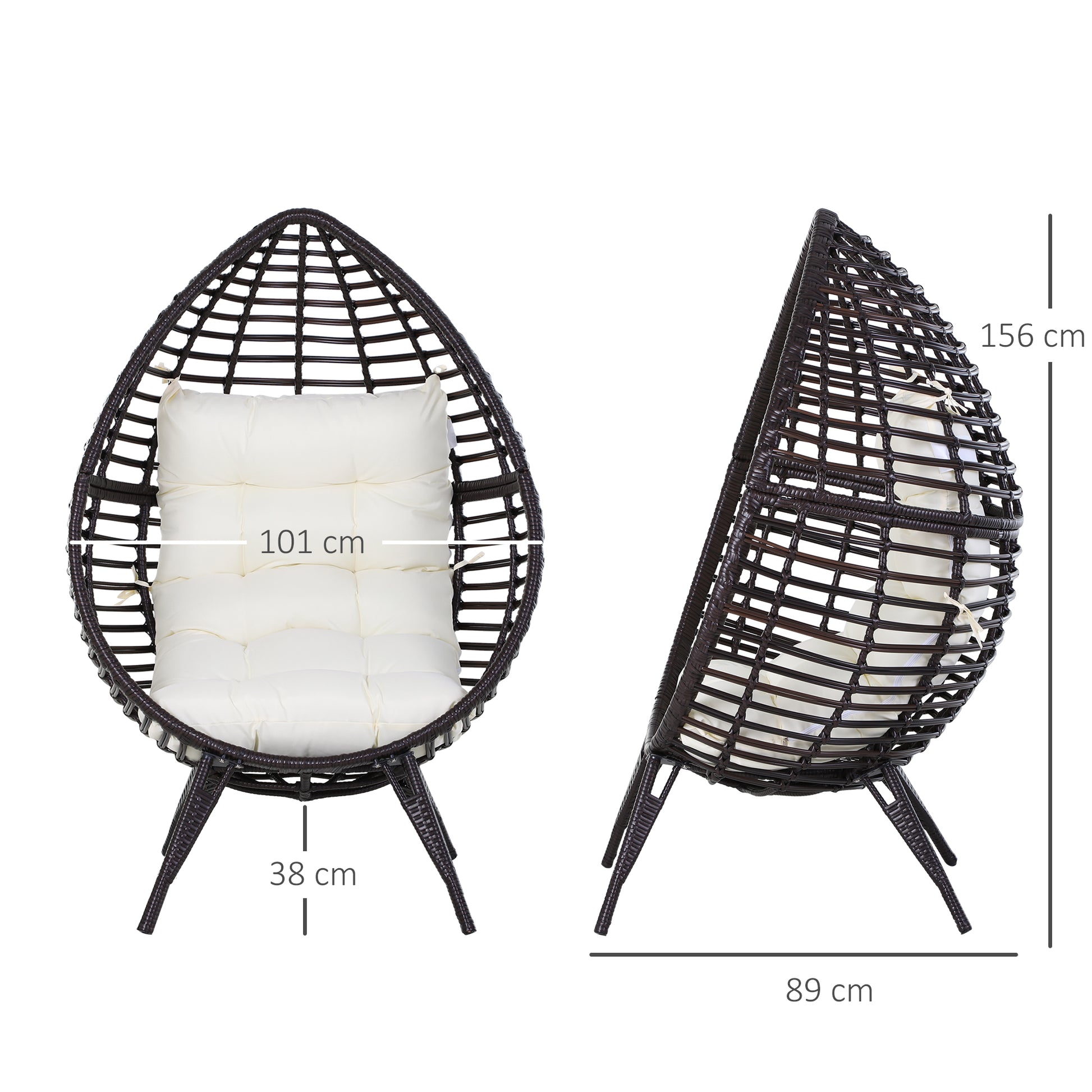 Outsunny Sillón de Ratán Balcón en Forma de Lágrima Sillón de Jardín con Cojín Acolchado de Algodón PP Estilo Moderno para Exterior e Interior Carga 160 kg 101x89x156 cm Marrón y Crema
