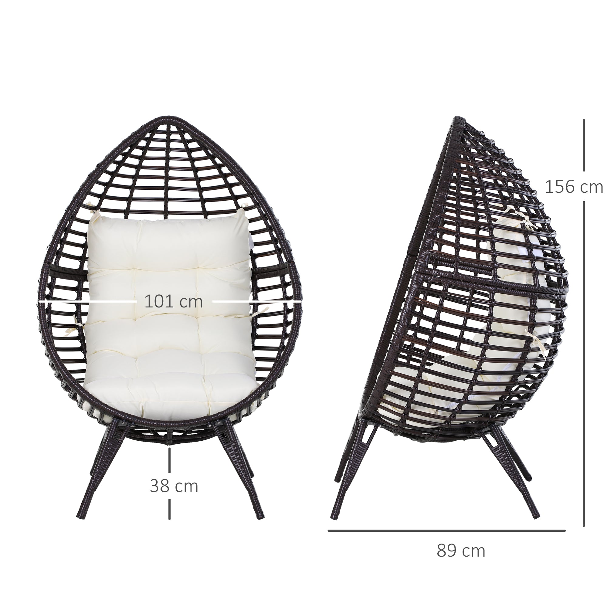 Outsunny Sillón de Ratán Balcón en Forma de Lágrima Sillón de Jardín con Cojín Acolchado de Algodón PP Estilo Moderno para Exterior e Interior Carga 160 kg 101x89x156 cm Marrón y Crema