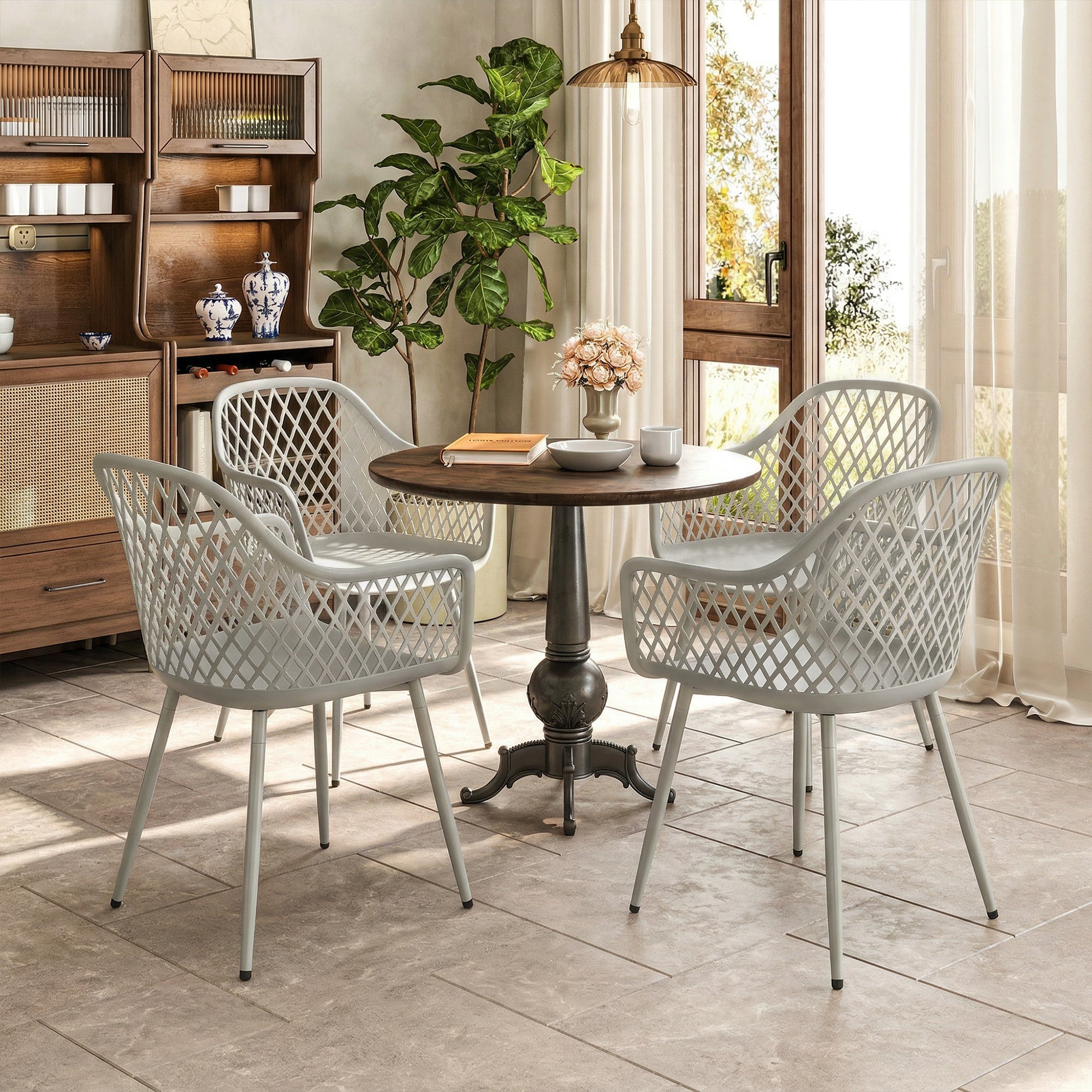 Outsunny Juego de 4 Sillas de Jardín Exterior, Sillas Terraza Exterior con Respaldo Diamante, Asiento de PP Anti-UV, Reposabrazos y Patas Metálicas, para Terraza, Balcón, 56x51x84 cm, Gris