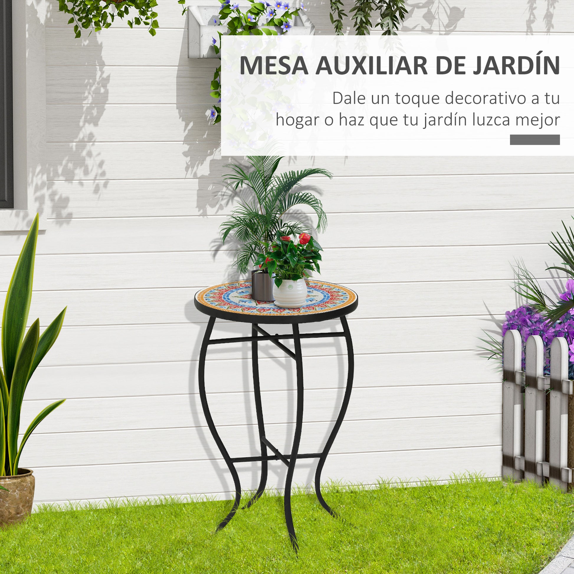 Outsunny Mesa de Jardín Redonda Mesa Auxiliar de Mosaico con Patas de Metal para Patio Terraza Exterior Balcón 35,5x35,5x53,5 cm Rojo