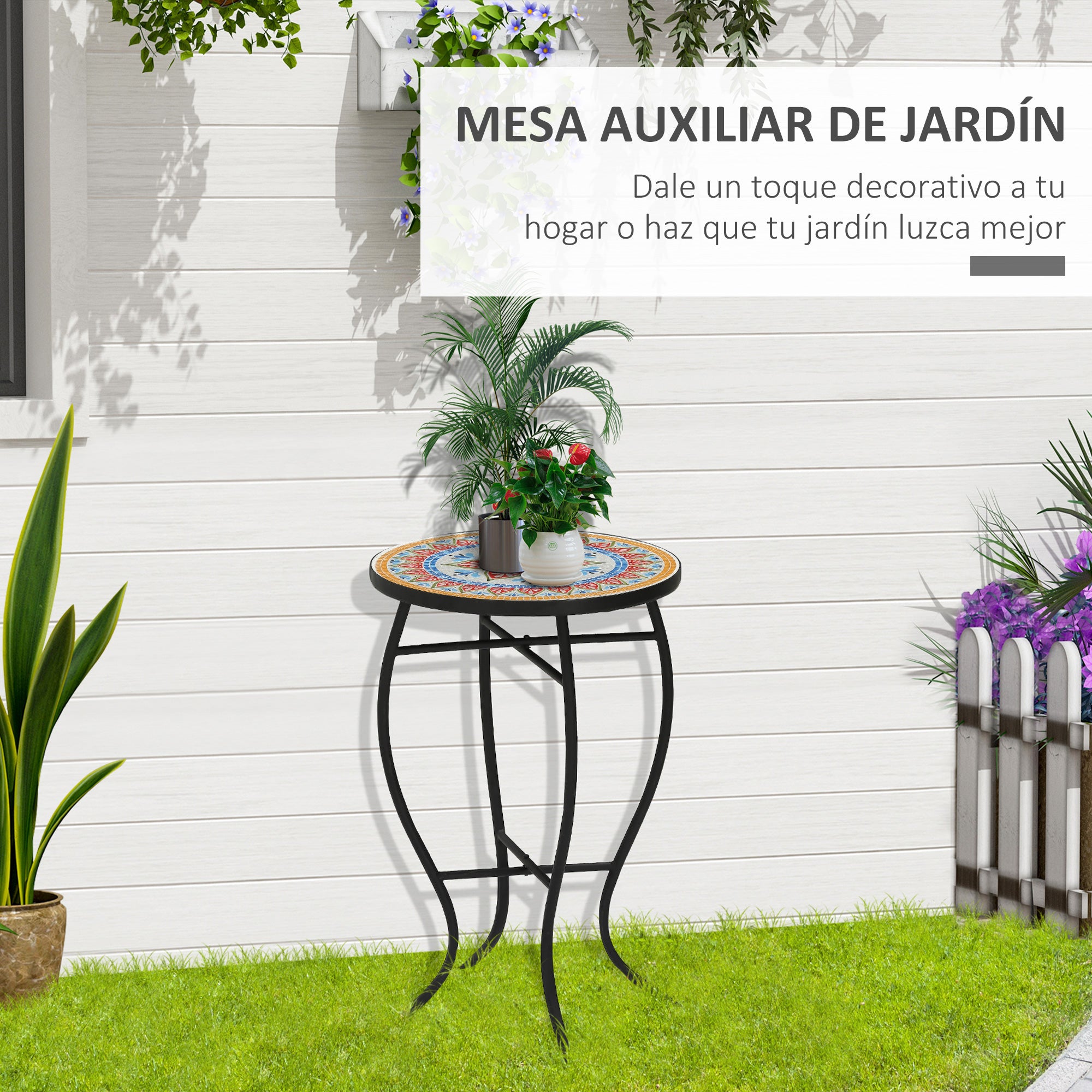 Outsunny Mesa de Jardín Redonda Mesa Auxiliar de Mosaico con Patas de Metal para Patio Terraza Exterior Balcón 35,5x35,5x53,5 cm Rojo