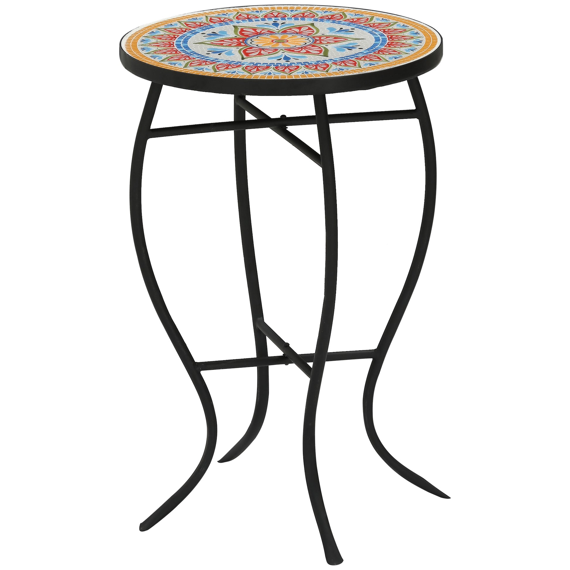Outsunny Mesa de Jardín Redonda Mesa Auxiliar de Mosaico con Patas de Metal para Patio Terraza Exterior Balcón 35,5x35,5x53,5 cm Rojo