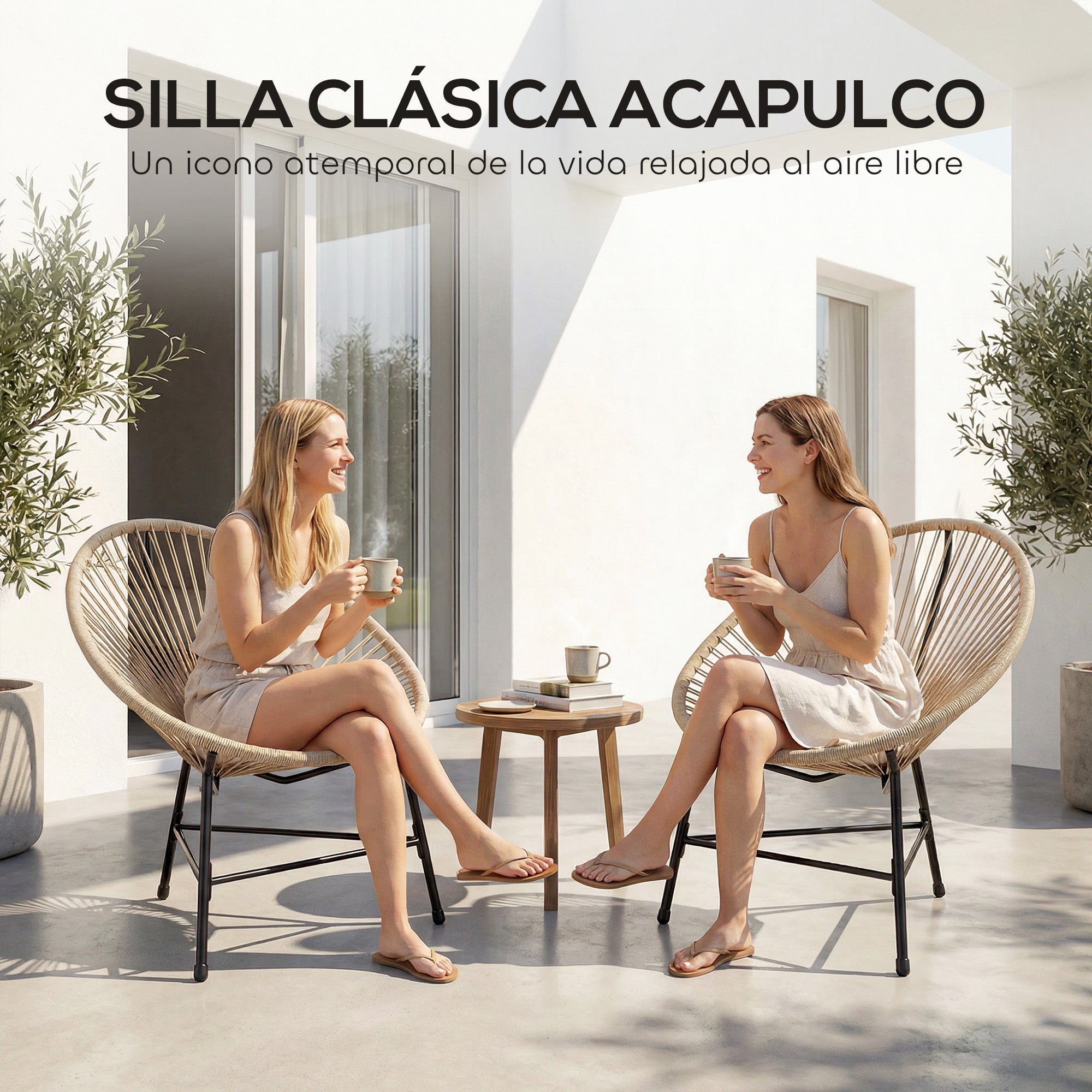 Outsunny Conjunto de 2 Sillas Acapulco de Jardín de Ratán Sintético, Sillas de Jardín Exterior con Estructura de Acero Triangular, para Balcón, Terraza, Carga 120 kg, Natural