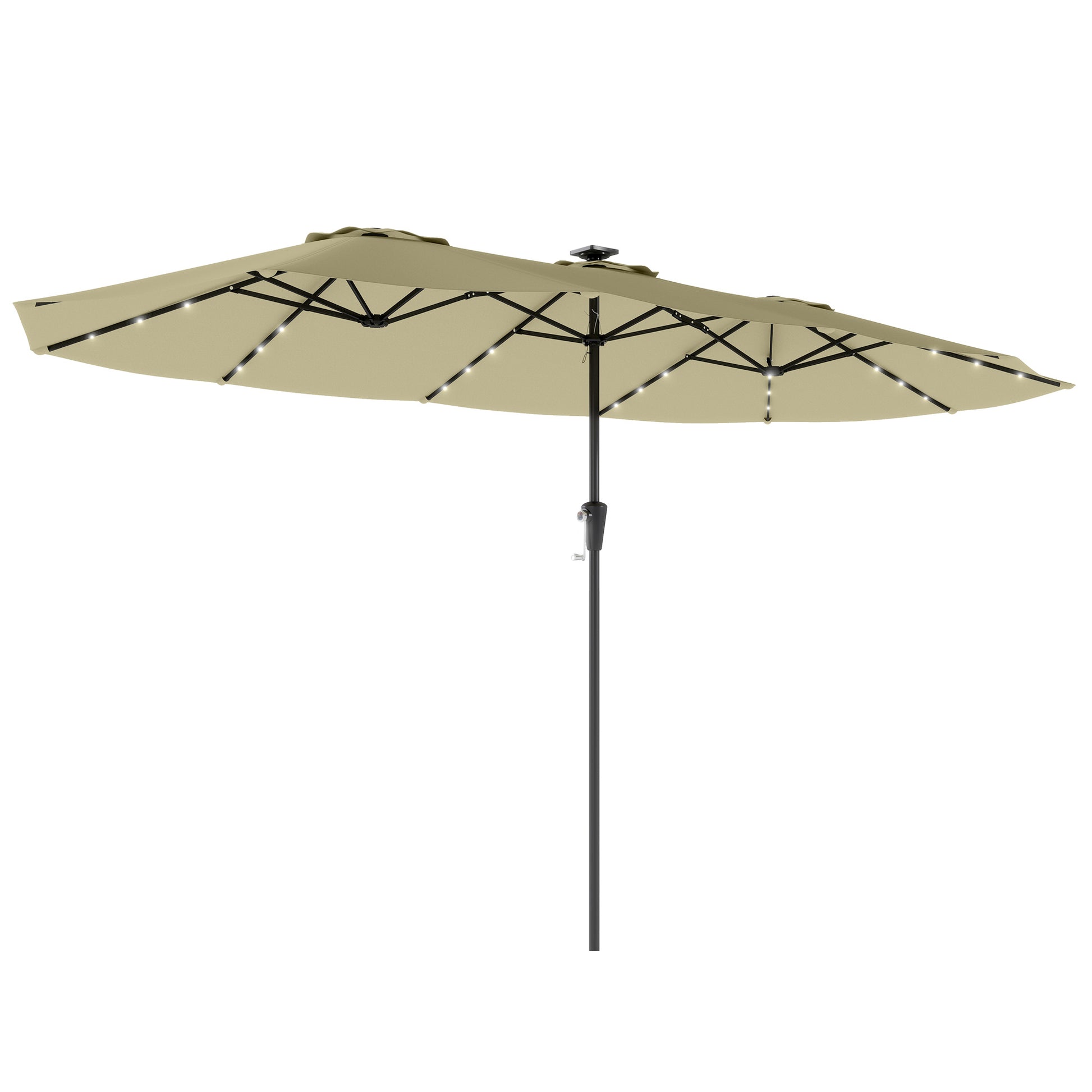 Outsunny Sombrilla Doble con 36 Luces LED Solares, 4x2 m, Sombrilla Terraza Exterior con Manivela, UPF50+, 12 Varillas, Resistente al Agua, Parasol para Jardín, Terraza, Patio, Beige