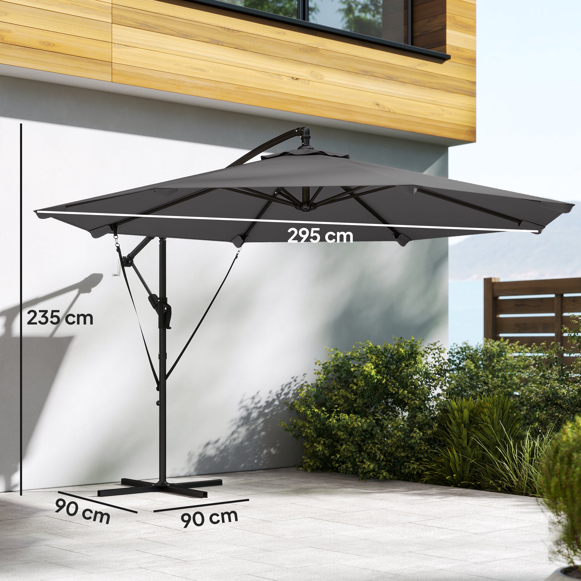 Outsunny Parasol Excéntrico, Ø300 cm, Sombrilla de Jardín con Base Cruzada, Manivela, Funda Protectora y Cuerdas de Viento, UPF30+, para Terraza, Patio, Gris Oscuro