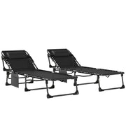 Outsunny Set de 2 Tumbonas Jardín Exterior, Tumbonas Plegables con Reposacabezas y Bolsillo Lateral, Respaldo Reclinable 5 Posiciones y Asiento de Malla Transpirable para Playa, Piscina, Negro