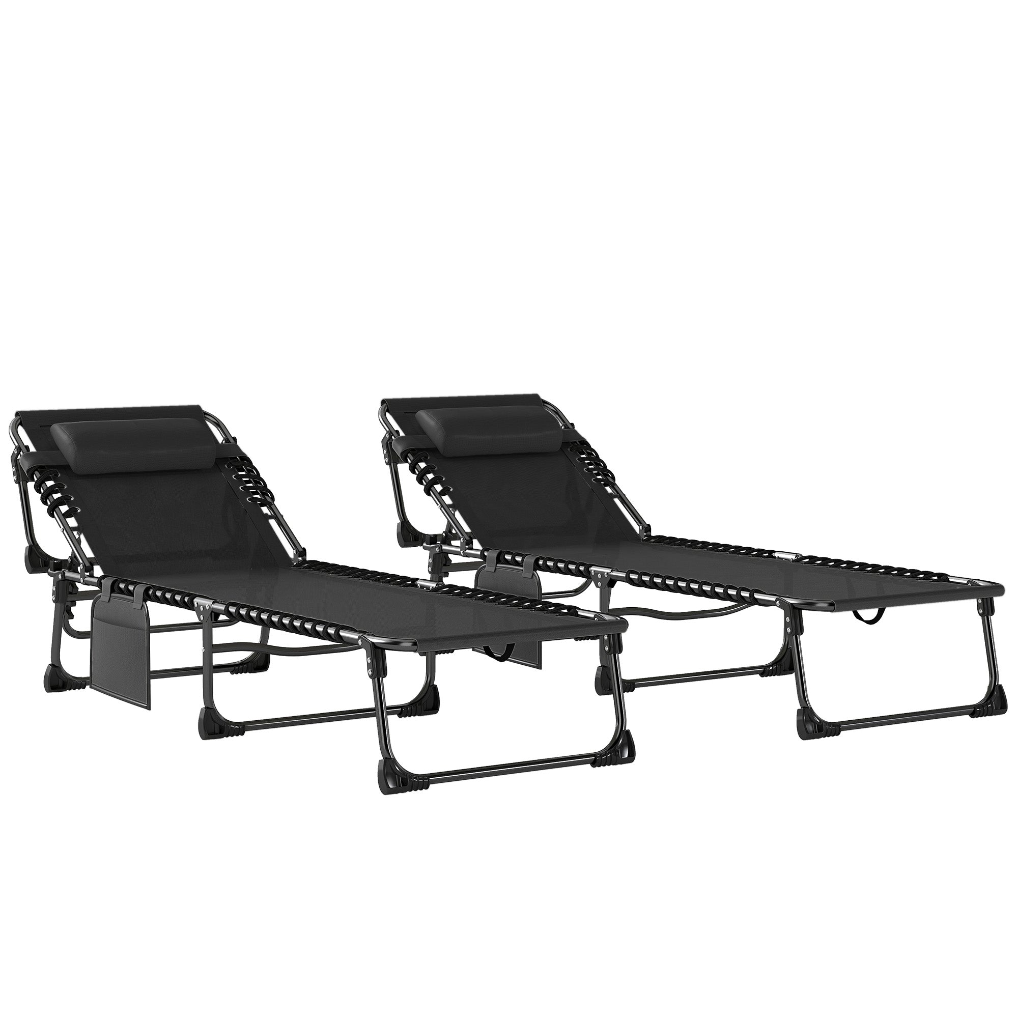 Outsunny Set de 2 Tumbonas Jardín Exterior, Tumbonas Plegables con Reposacabezas y Bolsillo Lateral, Respaldo Reclinable 5 Posiciones y Asiento de Malla Transpirable para Playa, Piscina, Negro