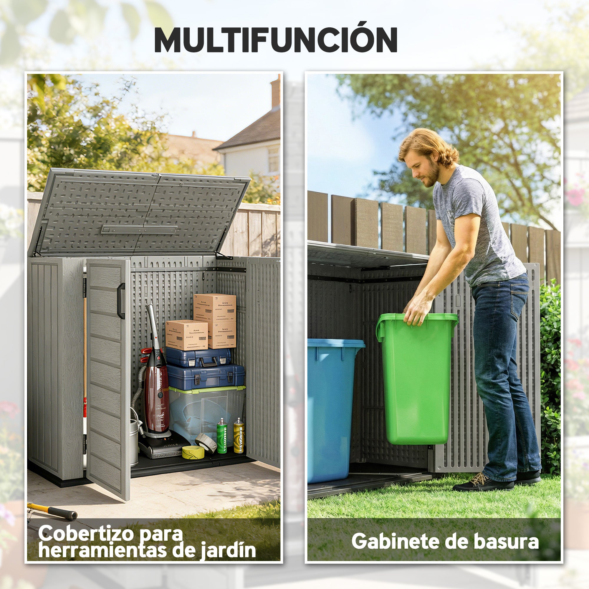 Outsunny Armario de Exterior de HDPE, 940L, Caseta de Jardín Exterior con Tapa Abatible, 2 Puertas, Cerradura, Cobertizo de Jardín para Almacenaje Herramientas, 142x67x119 cm, Gris Claro