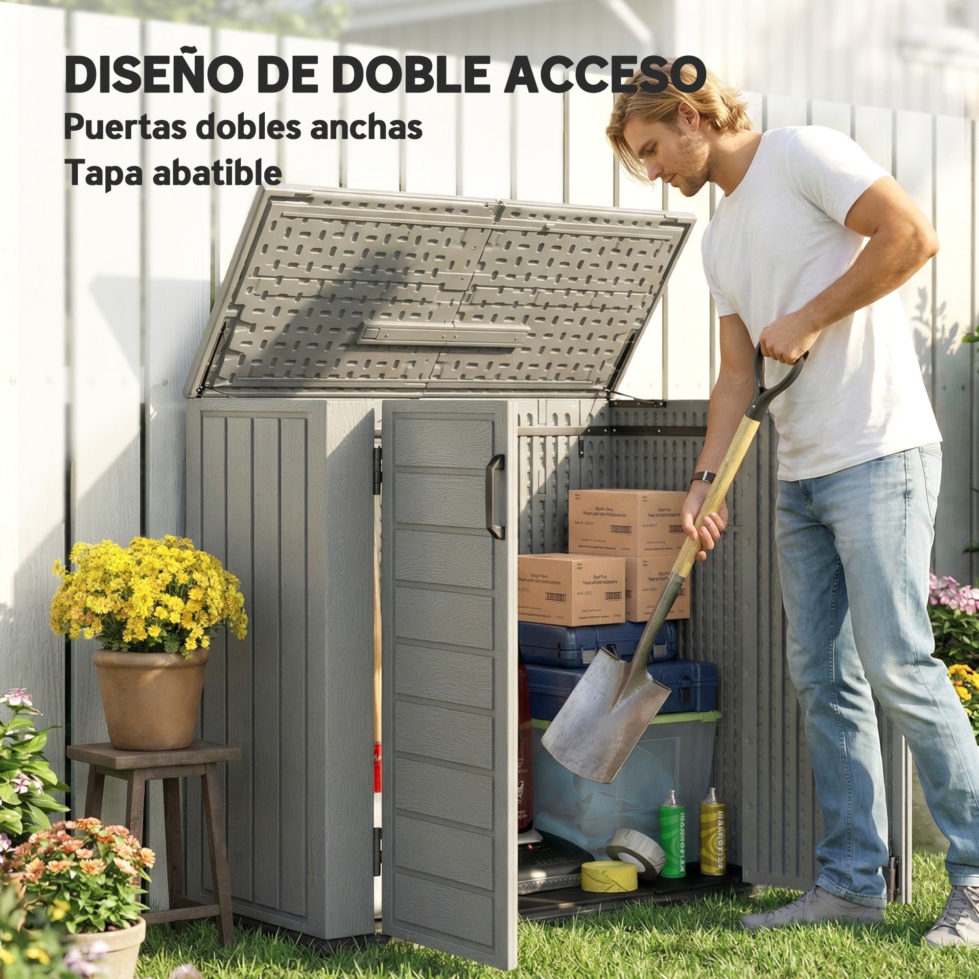 Outsunny Armario de Exterior de HDPE, 940L, Caseta de Jardín Exterior con Tapa Abatible, 2 Puertas, Cerradura, Cobertizo de Jardín para Almacenaje Herramientas, 142x67x119 cm, Gris Claro
