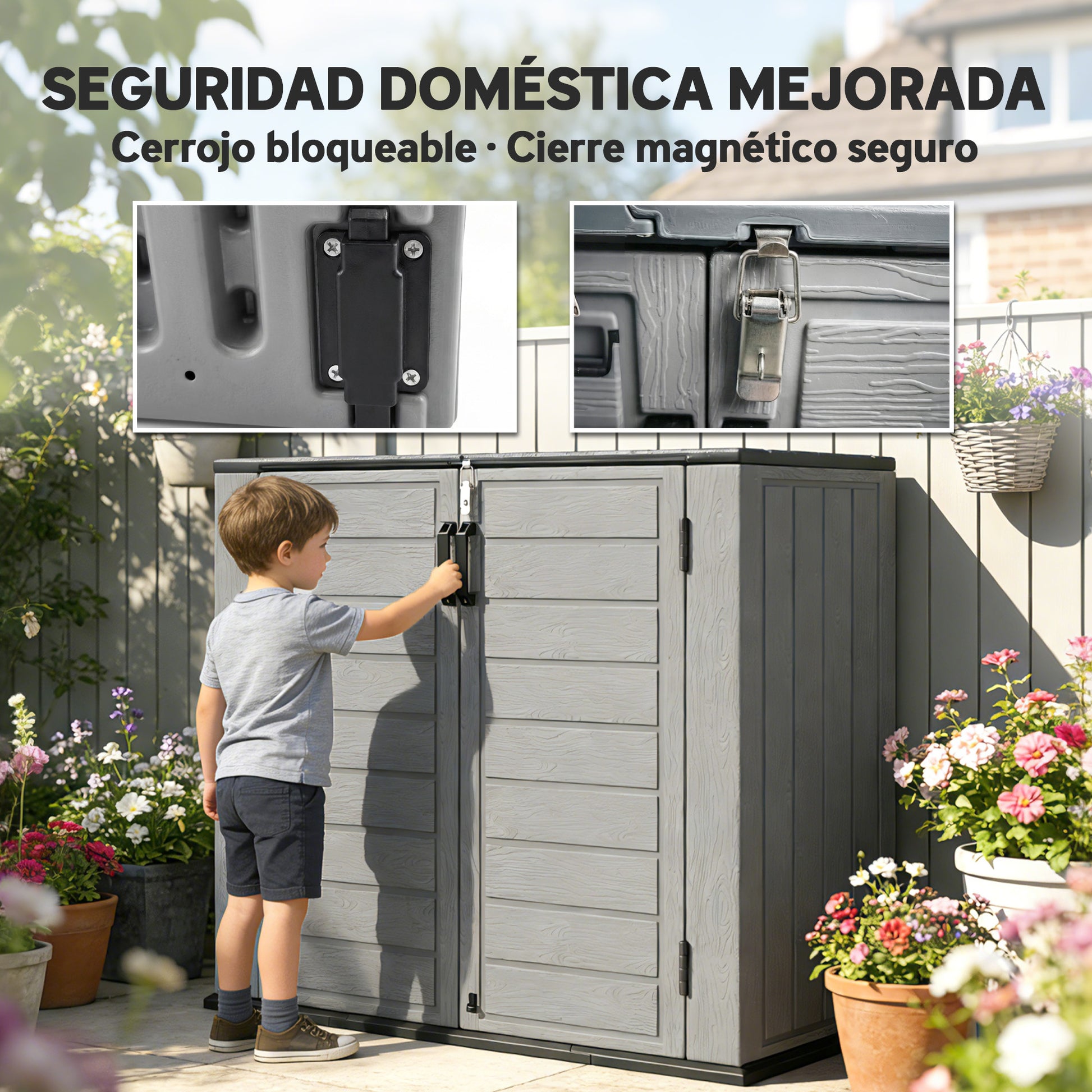 Outsunny Armario de Exterior de HDPE, 940L, Caseta de Jardín Exterior con Tapa Abatible, 2 Puertas, Cerradura, Cobertizo de Jardín para Almacenaje Herramientas, 142x67x119 cm, Gris Claro