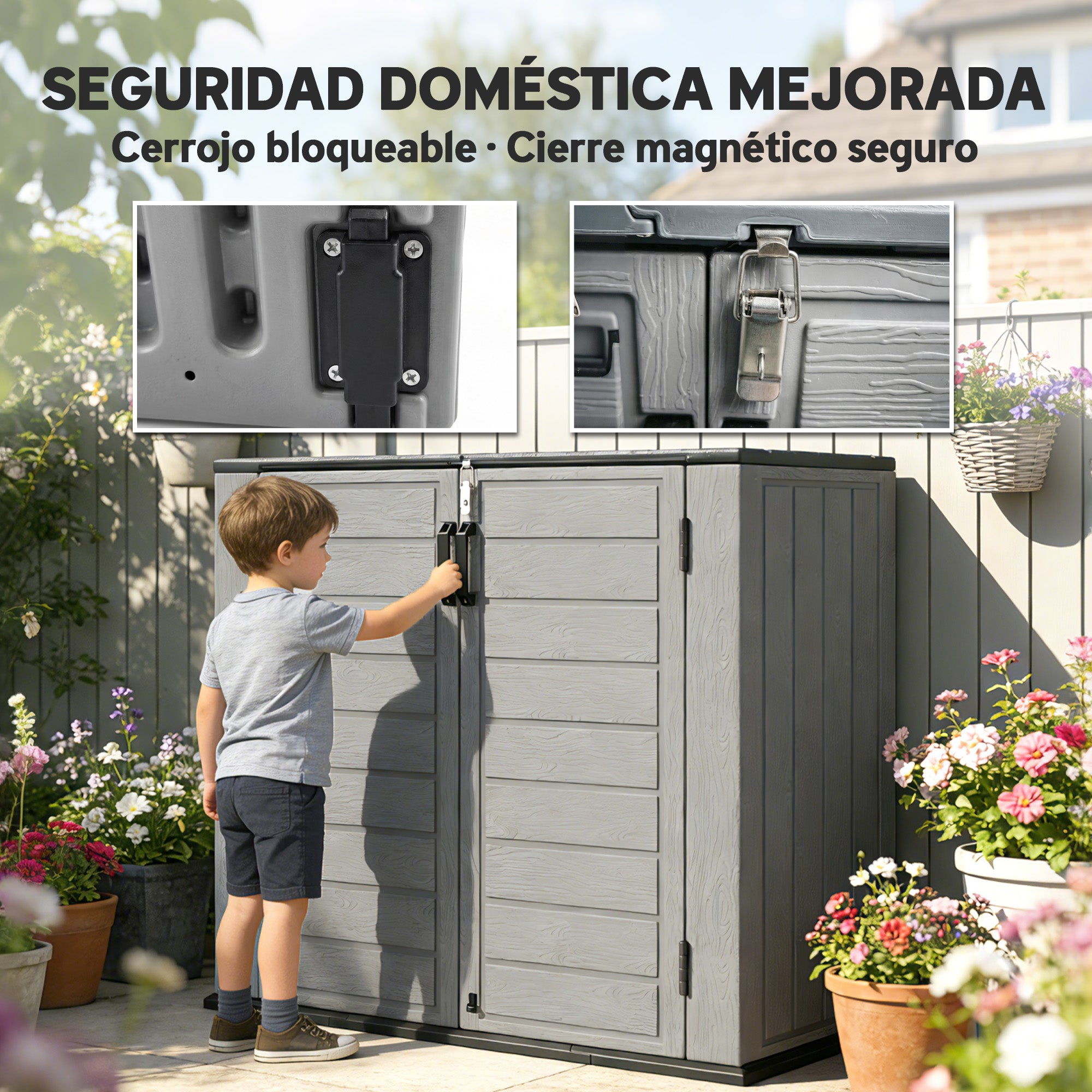 Outsunny Armario de Exterior de HDPE, 940L, Caseta de Jardín Exterior con Tapa Abatible, 2 Puertas, Cerradura, Cobertizo de Jardín para Almacenaje Herramientas, 142x67x119 cm, Gris Claro