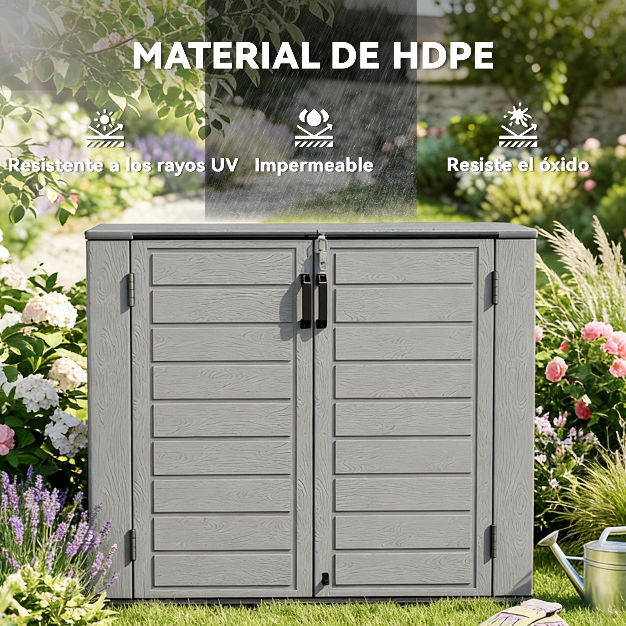 Outsunny Armario de Exterior de HDPE, 940L, Caseta de Jardín Exterior con Tapa Abatible, 2 Puertas, Cerradura, Cobertizo de Jardín para Almacenaje Herramientas, 142x67x119 cm, Gris Claro