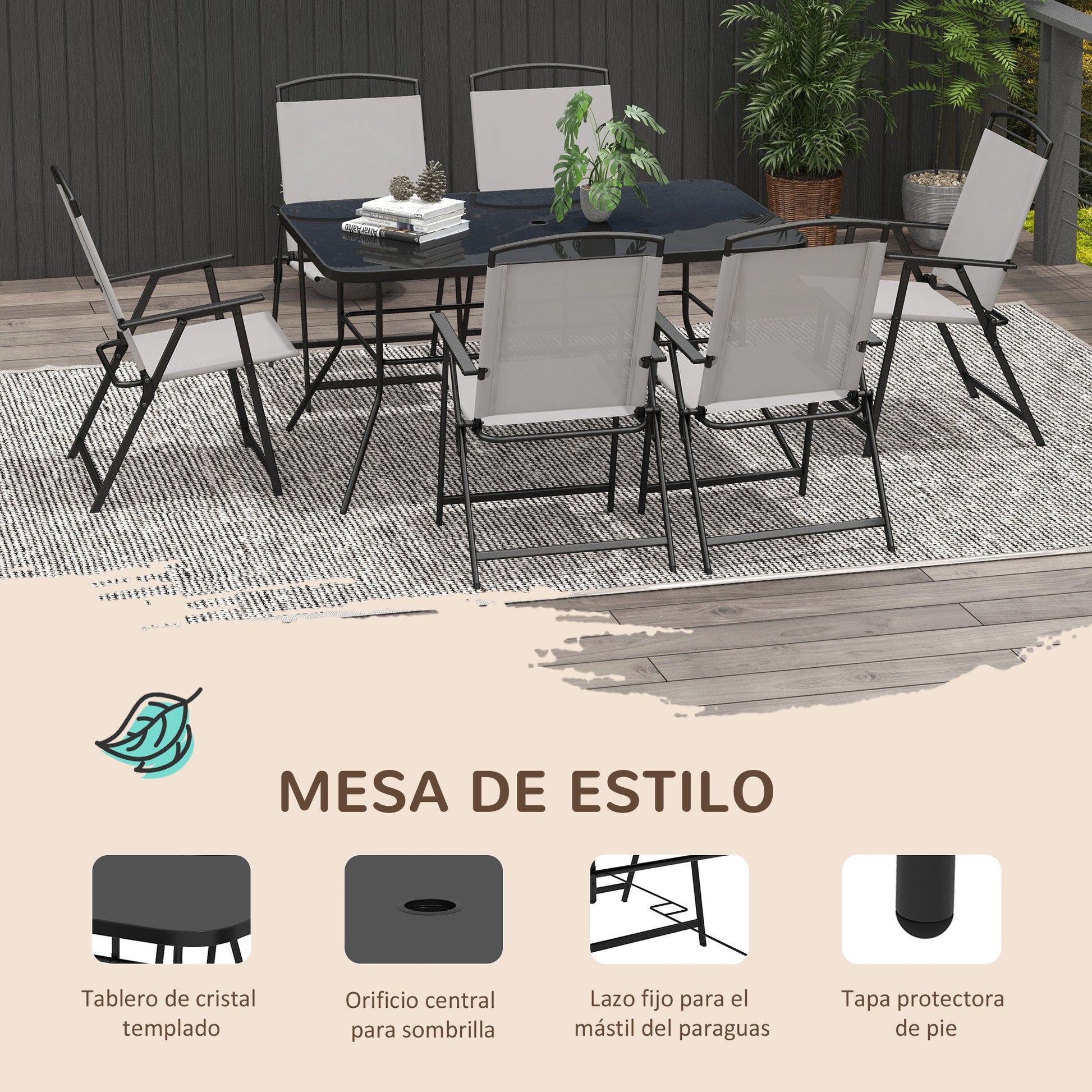 Outsunny Conjunto de Muebles de Jardín de 7 Piezas Conjunto de Comedor de Exterior con 6 Sillas Plegables y Mesa de con Orificio para Sombrilla para Terraza Exterior Gris