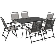 Outsunny Conjunto de Muebles de Jardín de 7 Piezas Conjunto de Comedor de Exterior con 6 Sillas Plegables y Mesa de con Orificio para Sombrilla para Terraza Exterior Gris