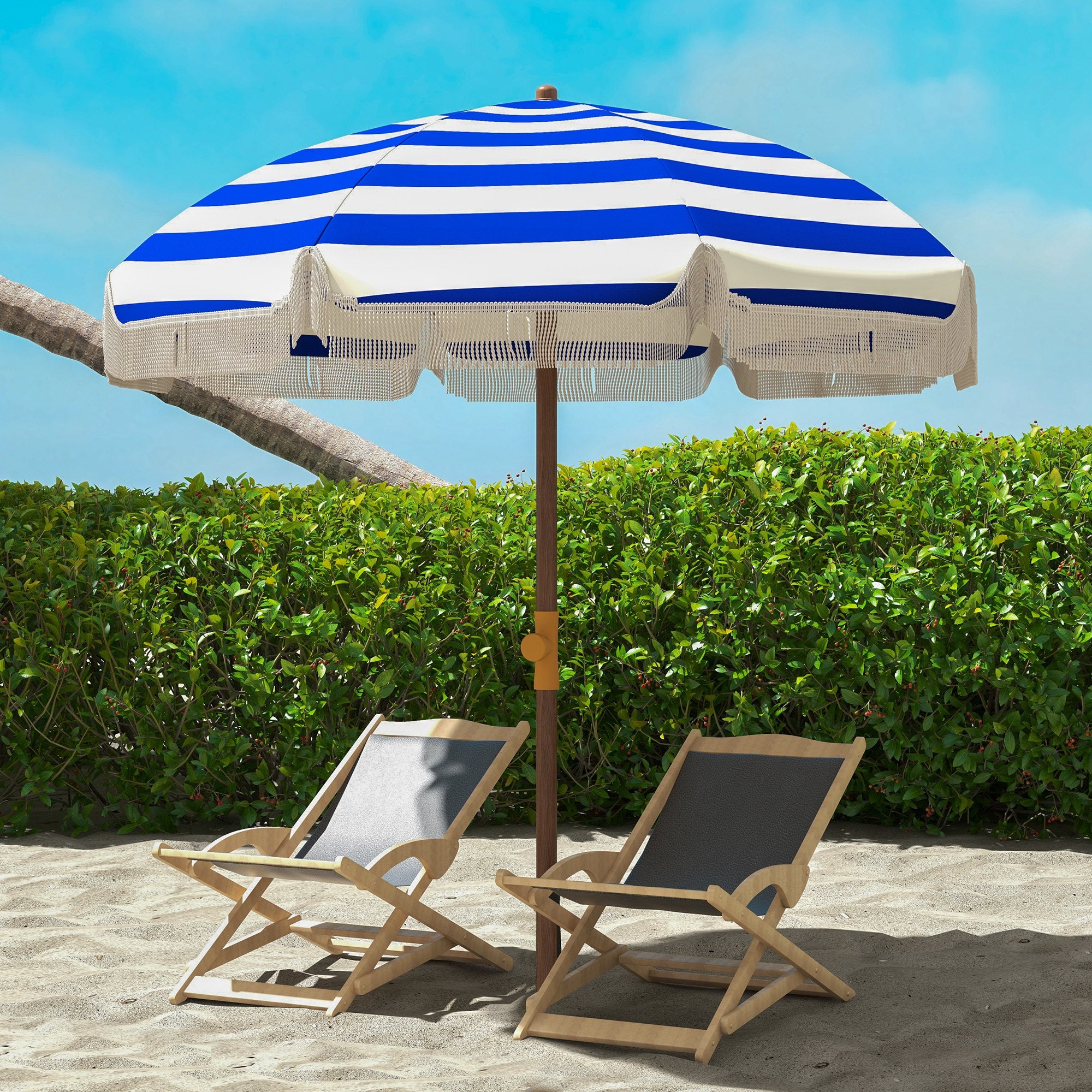 Outsunny Sombrilla de Playa Grande con Flecos Ø190 cm Sombrilla de Terraza Exterior con Protección UV40+ Antiviento Impermeable Mástil de Ø32 mm y Bolsa de Transporte Azul y Blanco