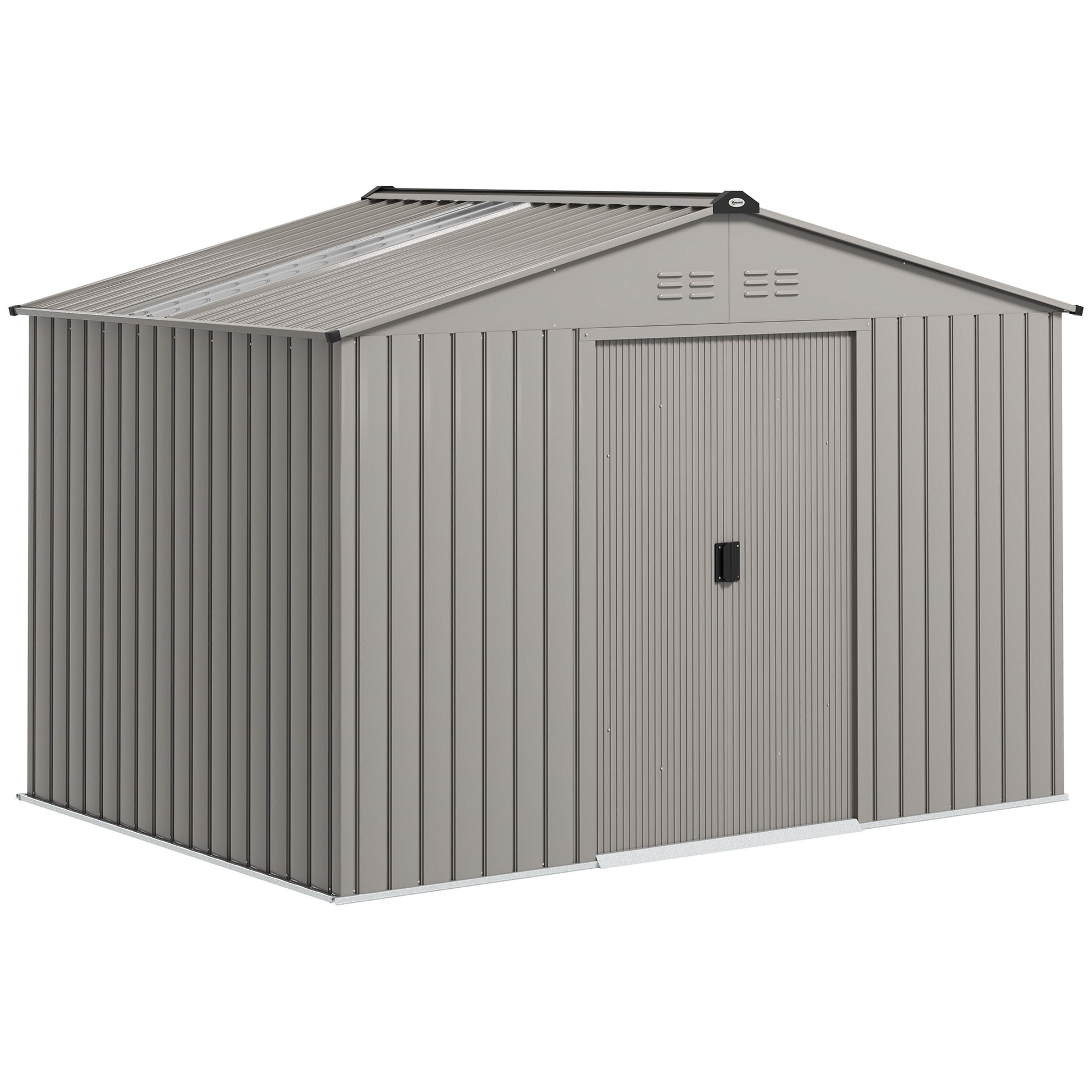 Outsunny Caseta de Jardín Exterior 4,9 m² 277x195x192 cm Cobertizo de Jardín Exterior con Puerta Corredera Techo de Fibra de Vidrio Base Refuerzo (Suelo NO Incluido) y 4 Ventanas Gris Plata