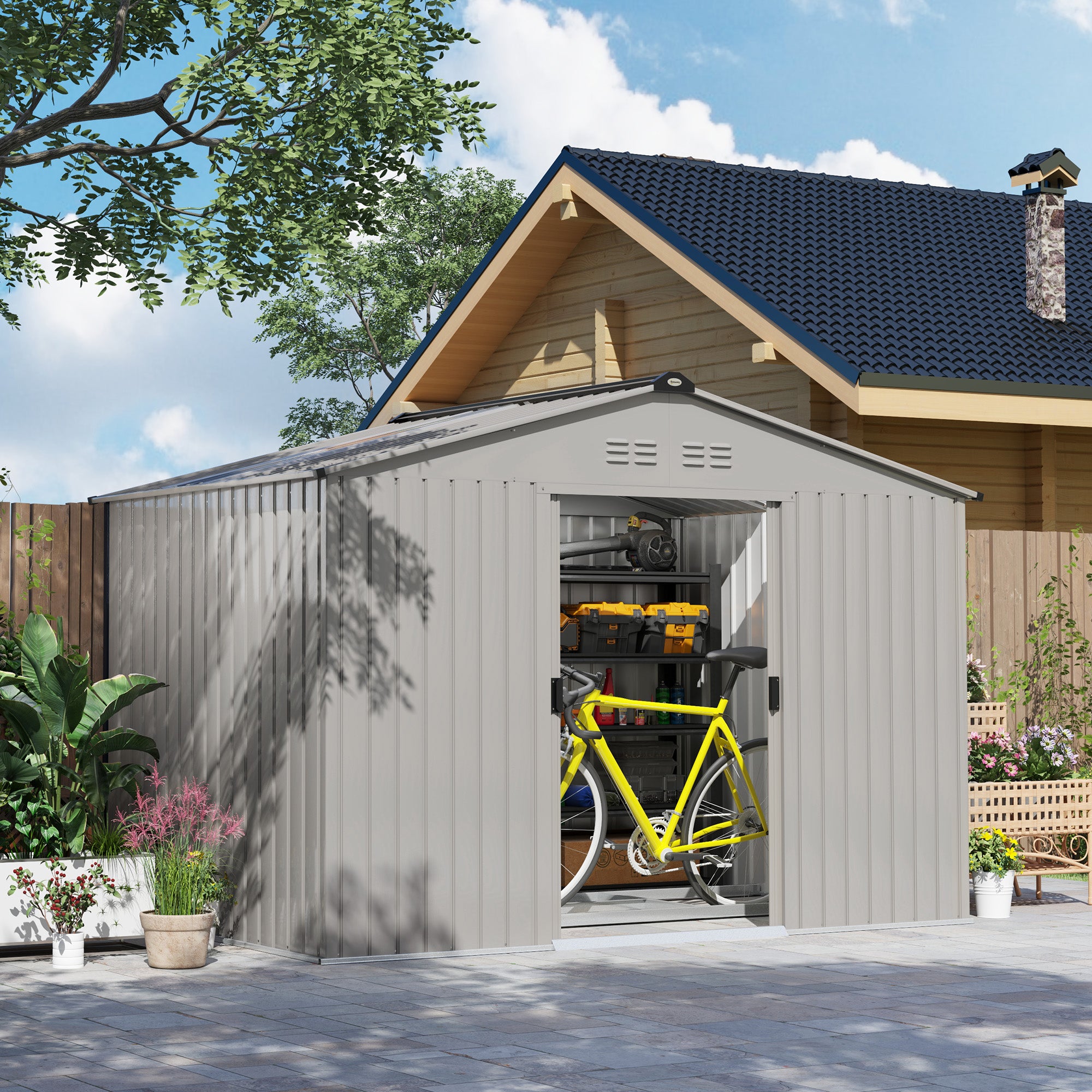 Outsunny Caseta de Jardín Exterior 4,9 m² 277x195x192 cm Cobertizo de Jardín Exterior con Puerta Corredera Techo de Fibra de Vidrio Base Refuerzo (Suelo NO Incluido) y 4 Ventanas Gris Plata