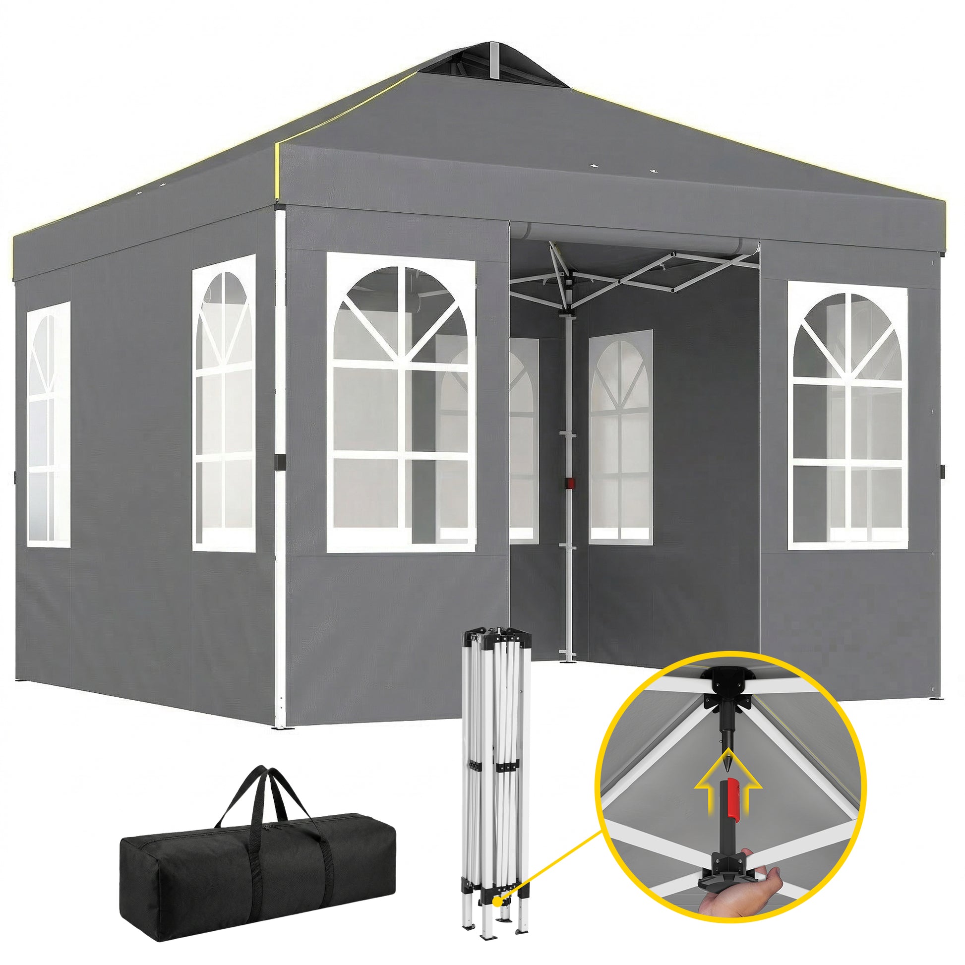 Outsunny Carpa Plegable 3x3 m, Pop-up, con 4 Laterales Extraíbles, Cenador de Jardín con UPF50+, Bloqueo Central, Altura Ajustable, Bolsa de Transporte, Sacos Arena, Gazebo para Exterior, Gris Oscuro