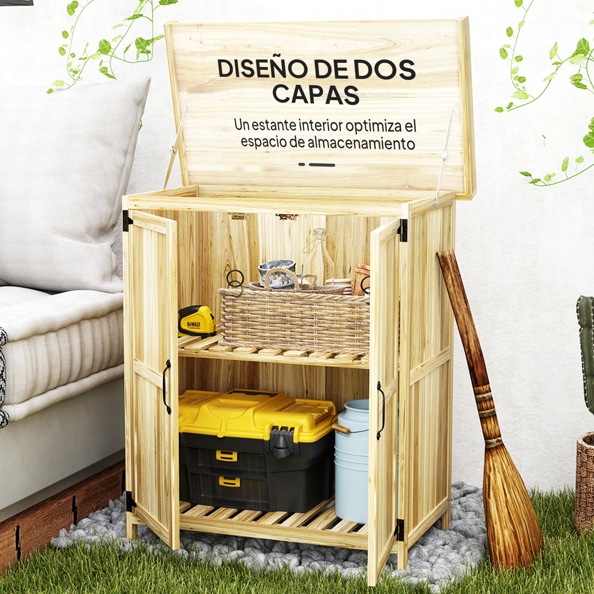Outsunny Armario de Exterior de Madera, Caseta de Jardín Exterior con Techo Abatible de Acero Inoxidable, Estante, 2 Puertas, Cobertizo de Jardín para Almacenamiento Herramientas, 74x43x88 cm, Natural