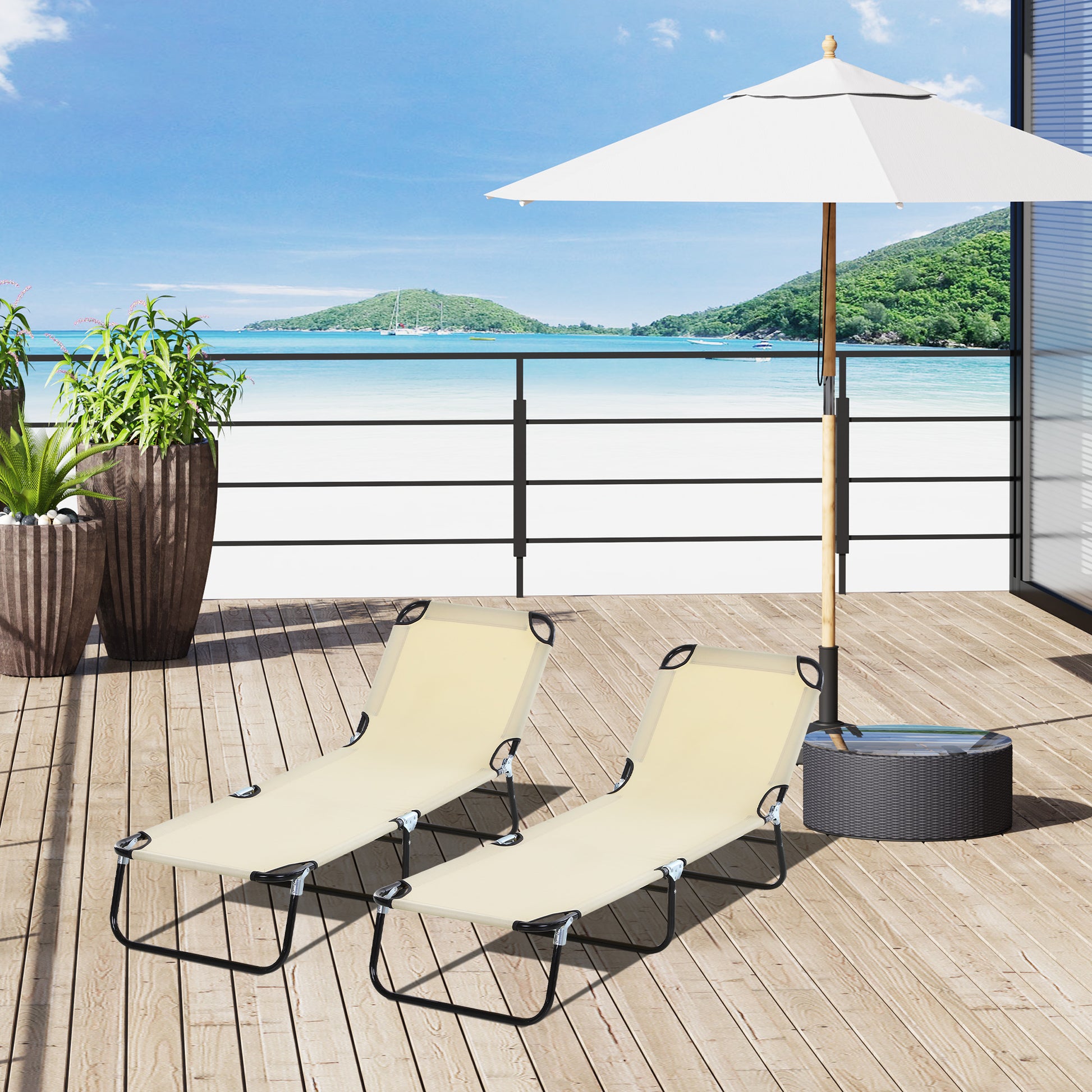 Outsunny Conjunto de 2 Tumbonas Plegables Tumbonas de Jardín Reclinables con Respaldo Ajustable en 5 Niveles Carga 120 kg para Terraza Piscina 188x56x28 cm Beige