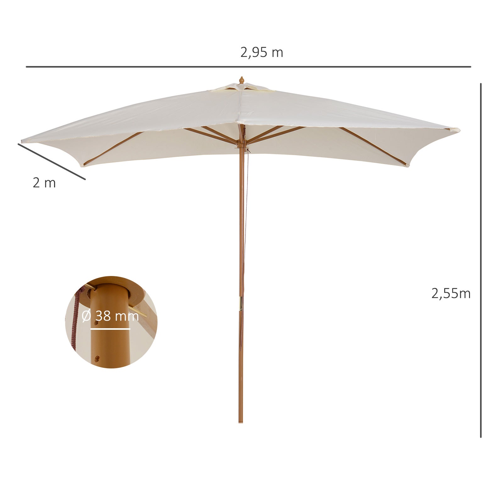 Outsunny Sombrilla Terraza Exterior 295x200 cm con Mástil de Madera Varillas de Bambú y Polea Parasol de Jardín Rectangular Impermeable para Patio o Terraza Estilo Clásico Crema