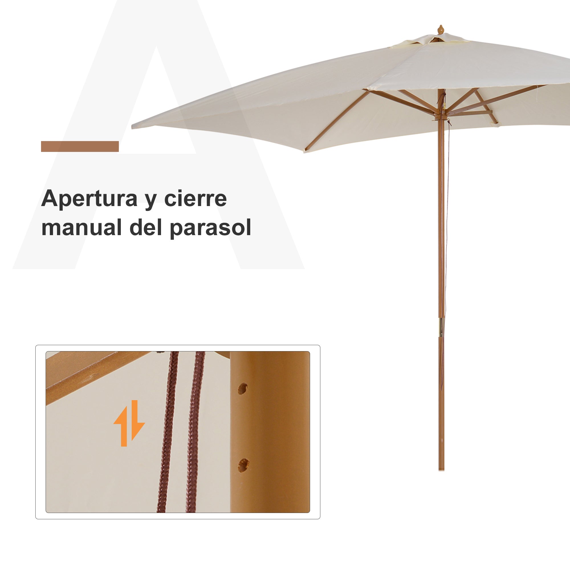 Outsunny Sombrilla Terraza Exterior 295x200 cm con Mástil de Madera Varillas de Bambú y Polea Parasol de Jardín Rectangular Impermeable para Patio o Terraza Estilo Clásico Crema