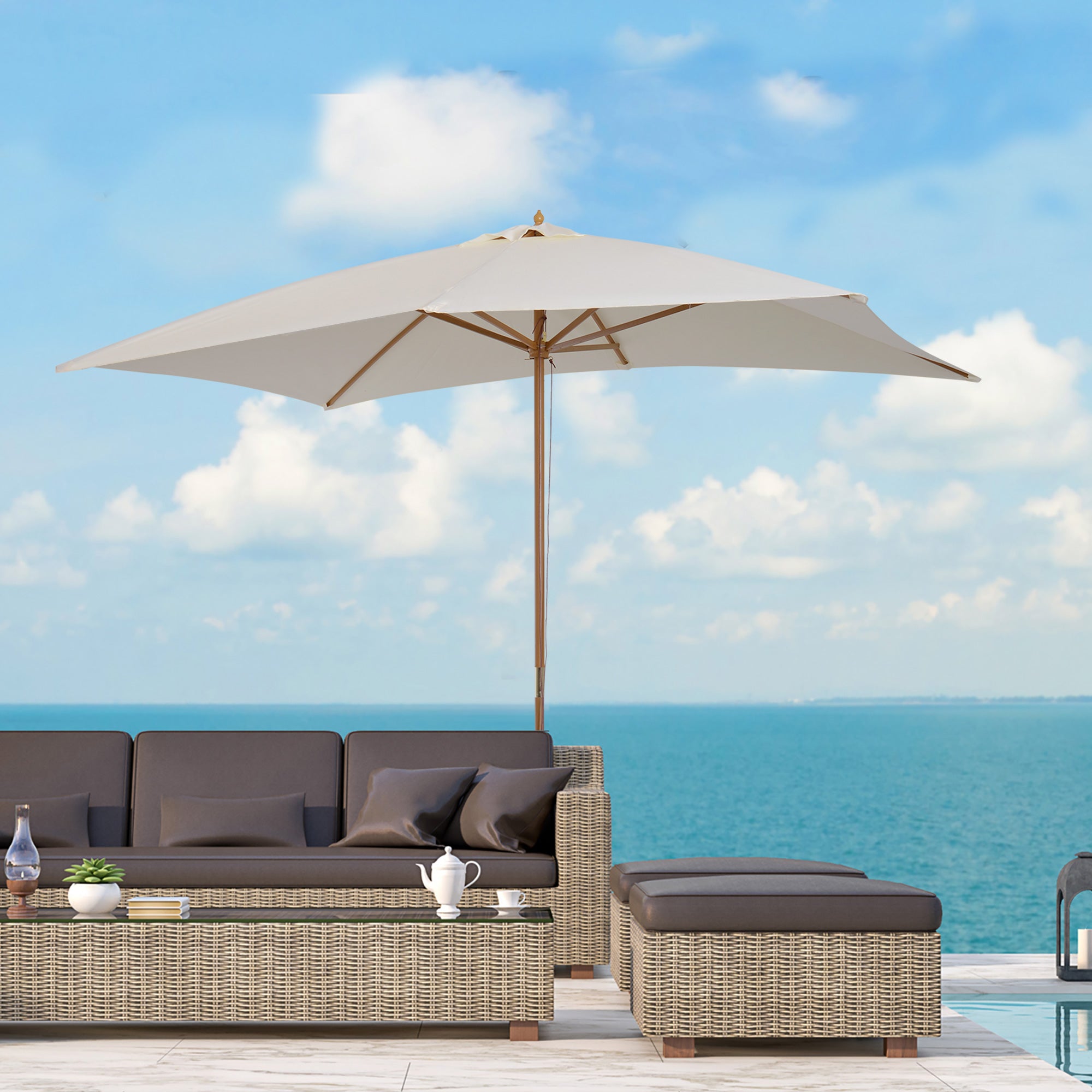 Outsunny Sombrilla Terraza Exterior 295x200 cm con Mástil de Madera Varillas de Bambú y Polea Parasol de Jardín Rectangular Impermeable para Patio o Terraza Estilo Clásico Crema