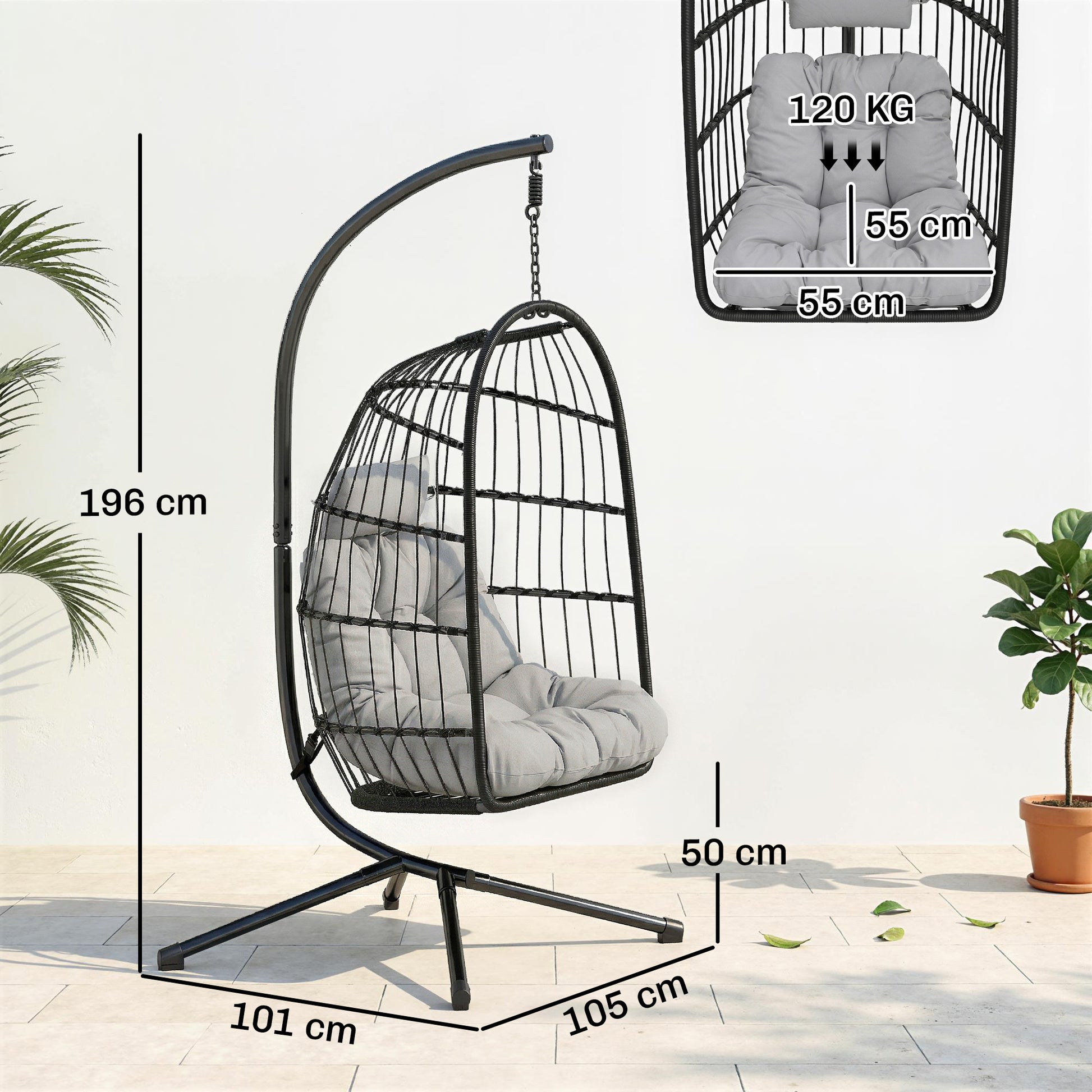 Outsunny Silla Colgante Huevo con Soporte, Columpio Jardín Exterior con Cesta Plegable de Ratán, Cojín Grueso, Reposacabezas, Altura Ajustable, Estructura Metálica para Interior y Exterior, Gris Claro