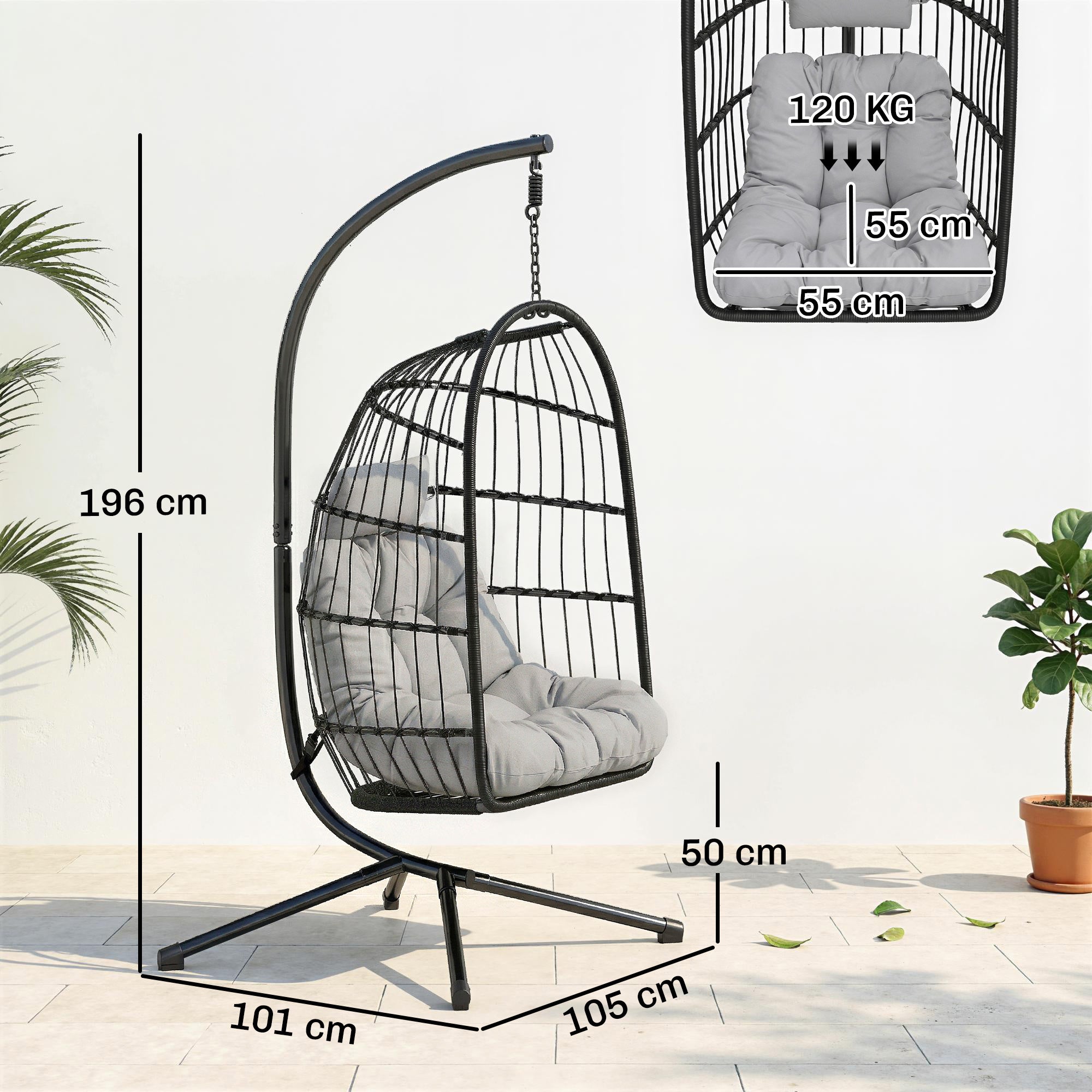 Outsunny Silla Colgante Huevo con Soporte, Columpio Jardín Exterior con Cesta Plegable de Ratán, Cojín Grueso, Reposacabezas, Altura Ajustable, Estructura Metálica para Interior y Exterior, Gris Claro