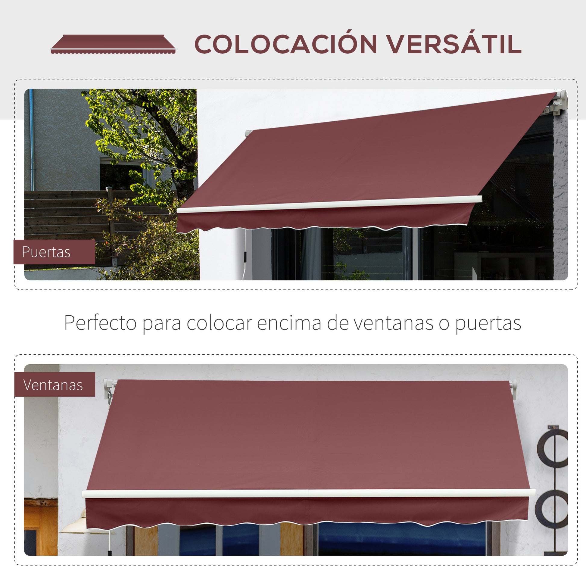 Outsunny Toldo Manual Retráctil 350x250 cm, Toldo Exterior Terraza con Ángulo Ajustable, Manivela, Estructura de Aluminio y Protección UV30+, para Jardín, Patio, Ventanas, Rojo Vino