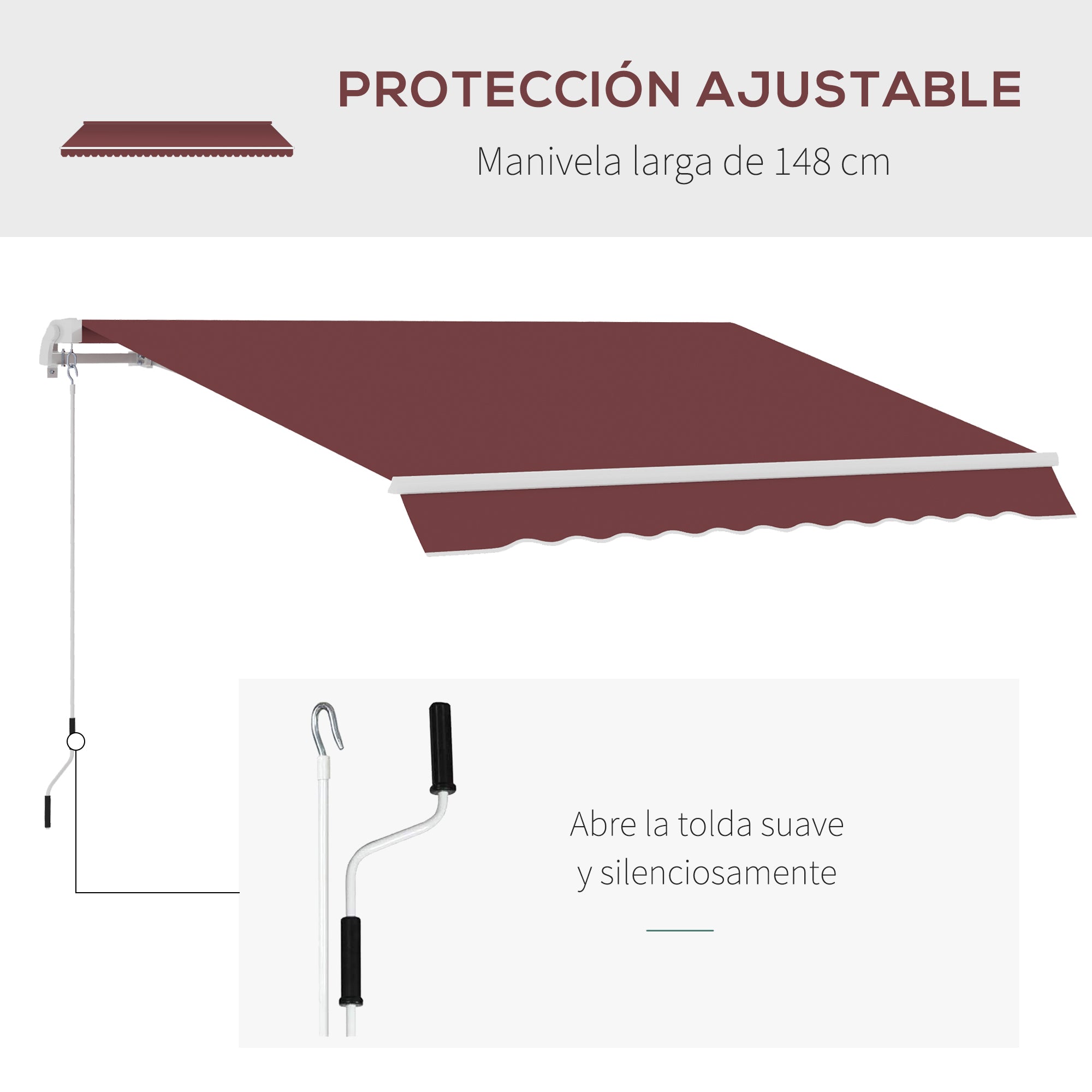 Outsunny Toldo Manual Retráctil 350x250 cm, Toldo Exterior Terraza con Ángulo Ajustable, Manivela, Estructura de Aluminio y Protección UV30+, para Jardín, Patio, Ventanas, Rojo Vino